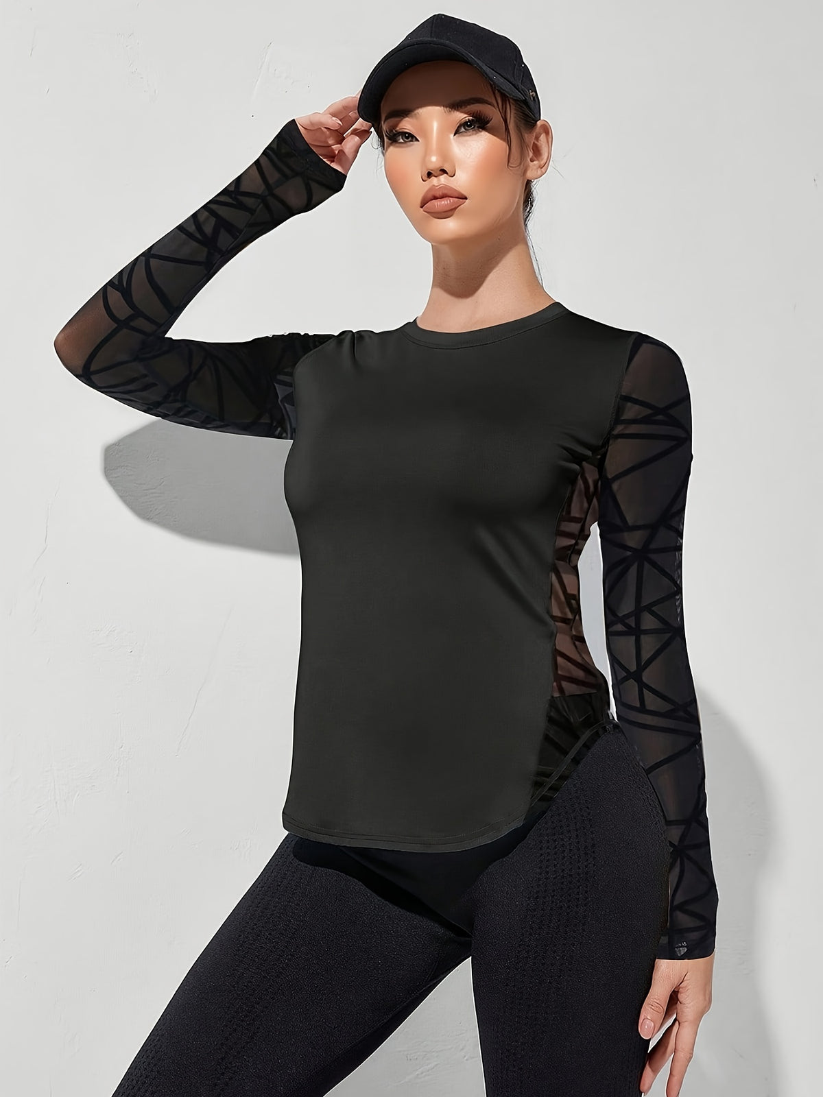 Flocked Mesh Patchwork Long Sleeve Tee - Black