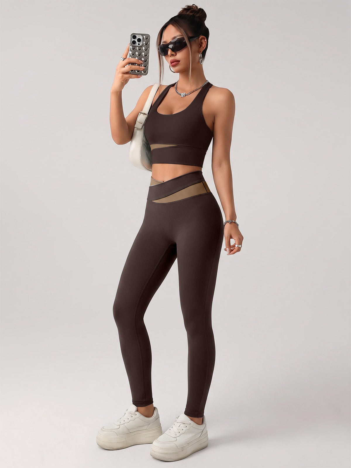 Contrast Bra & Lifting Yoga Pants Set - Brown