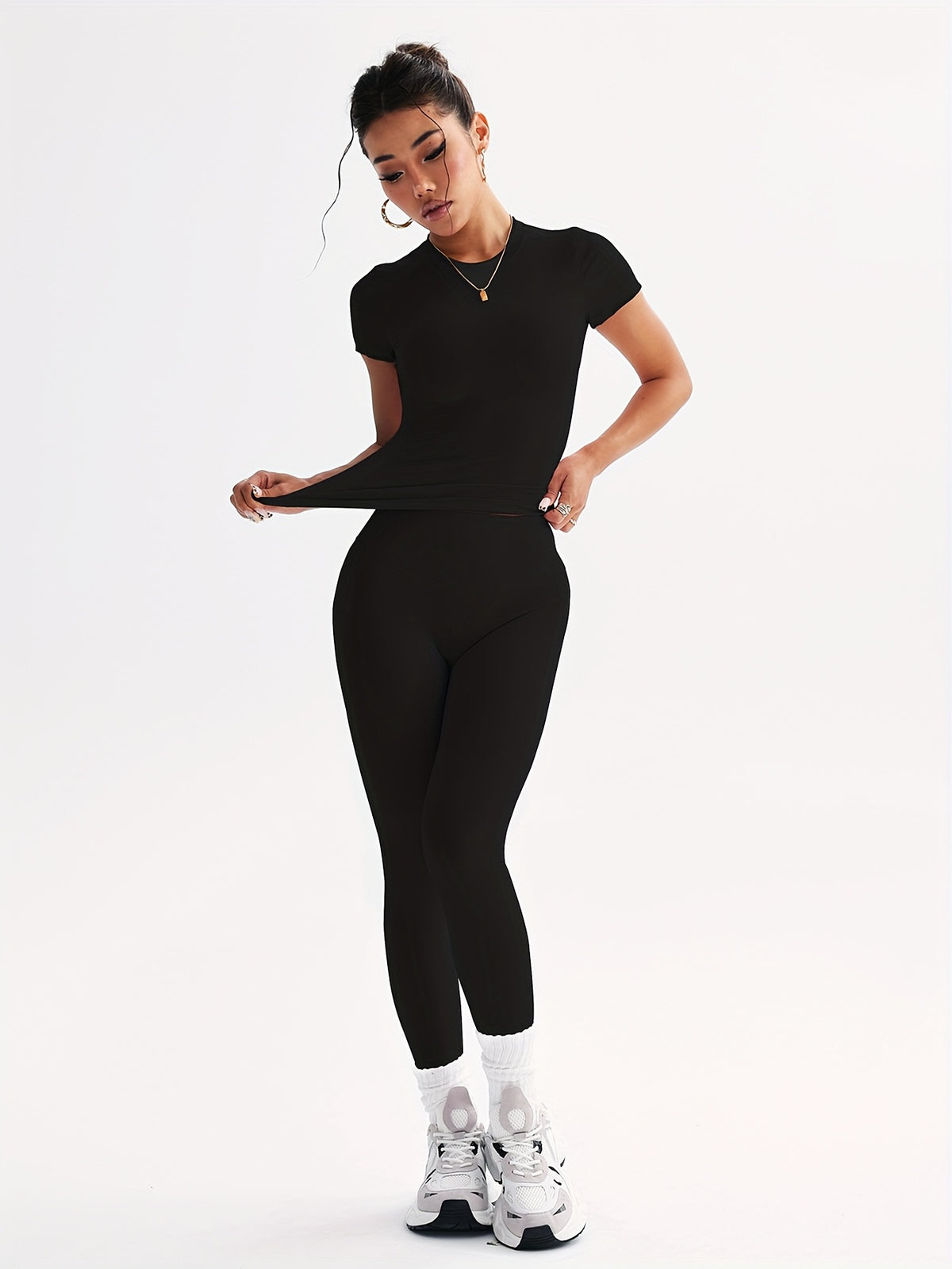 Cropped Tee & Leggings Set - Black