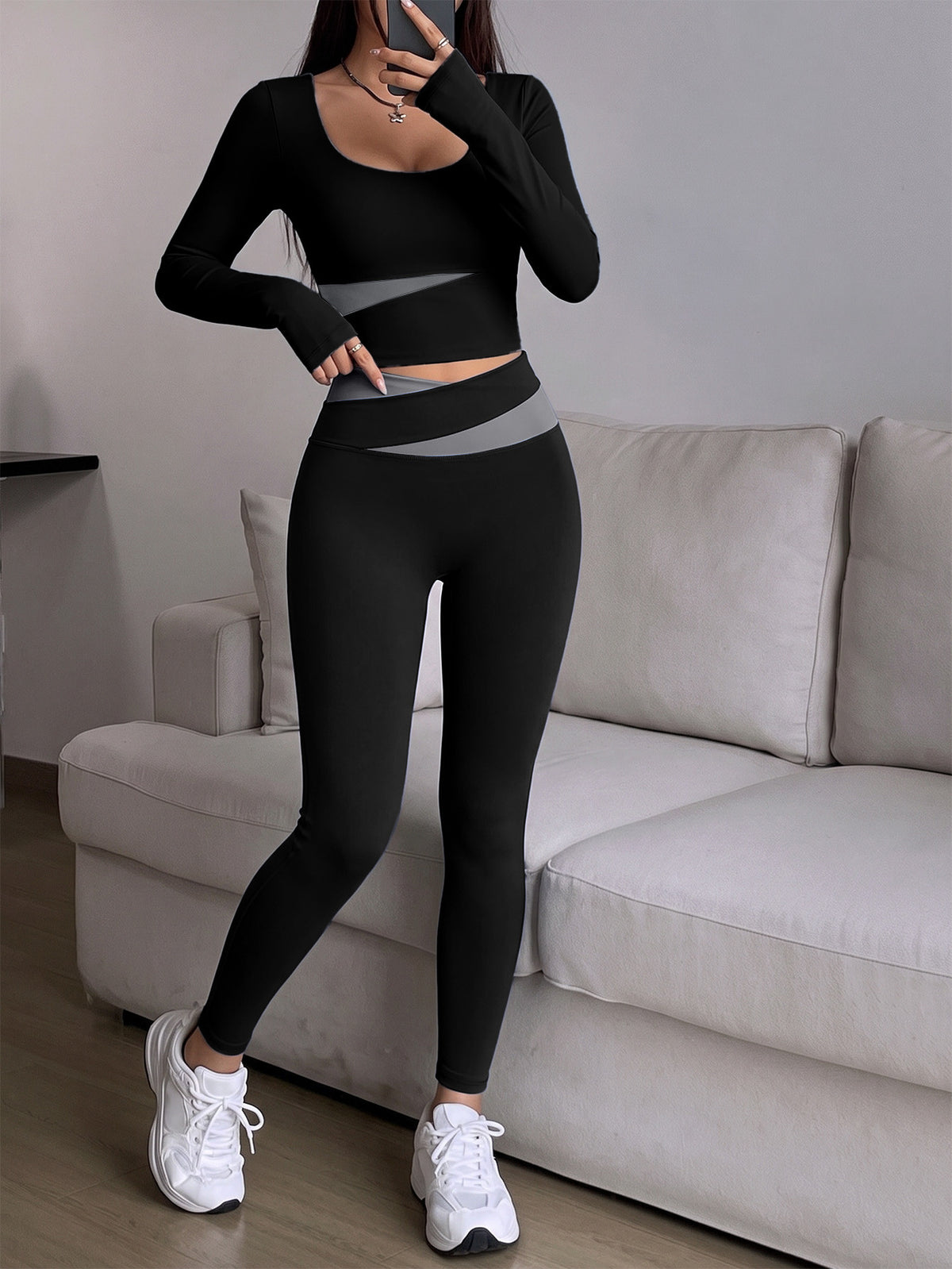 Spliced Finger Tab Crop Top & Pants Set - Black