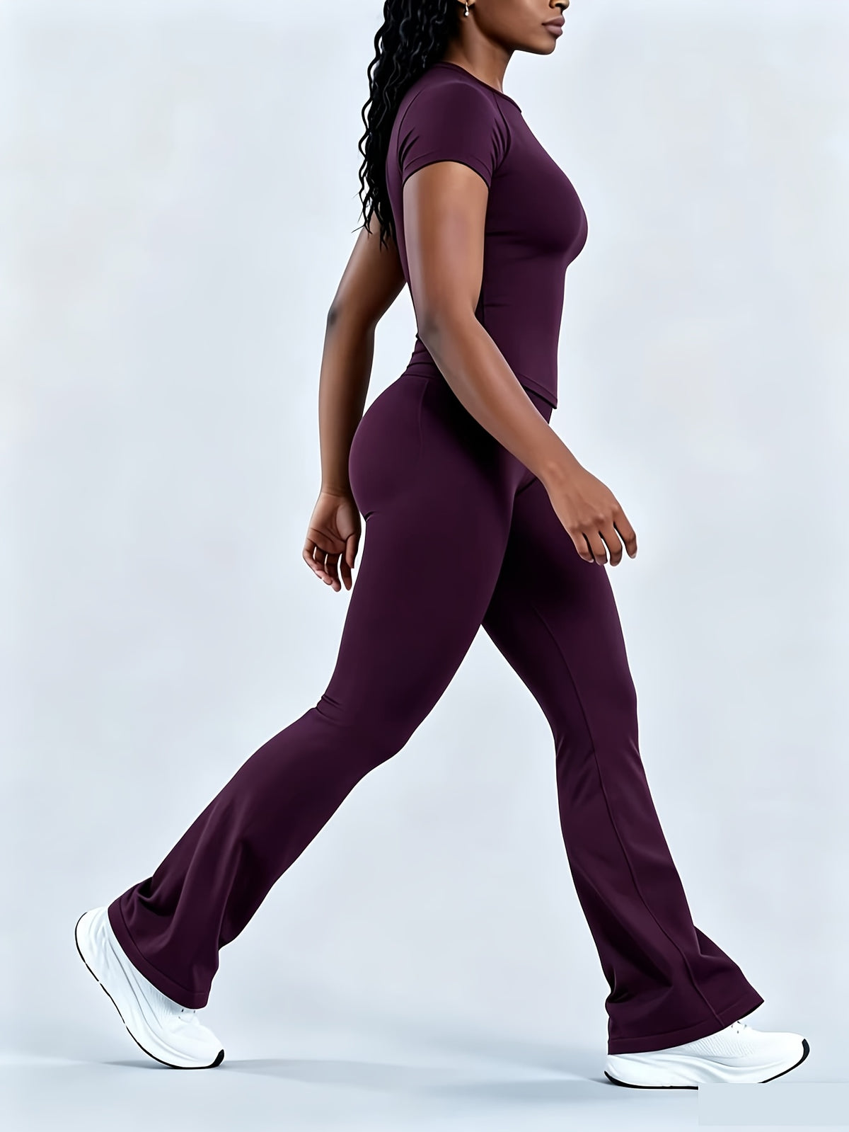 Short Sleeve Tee & Bell Bottom Pants Set - Deep Purple