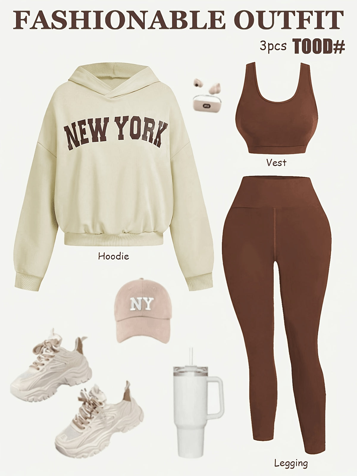 New York Hoodie, Bra & Leggings 3 Piece Set - Beige & Brown