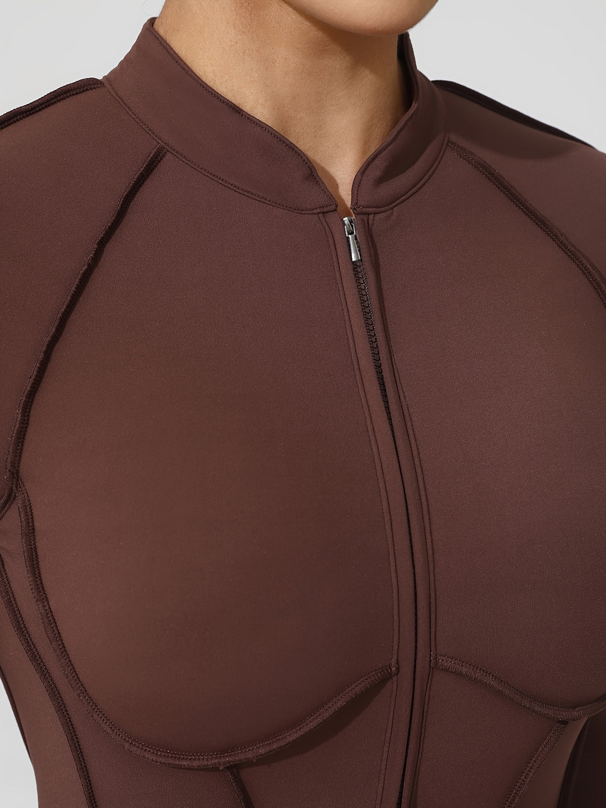 Half Zip Open Back Long Sleeve Jumpsuit - Coffee