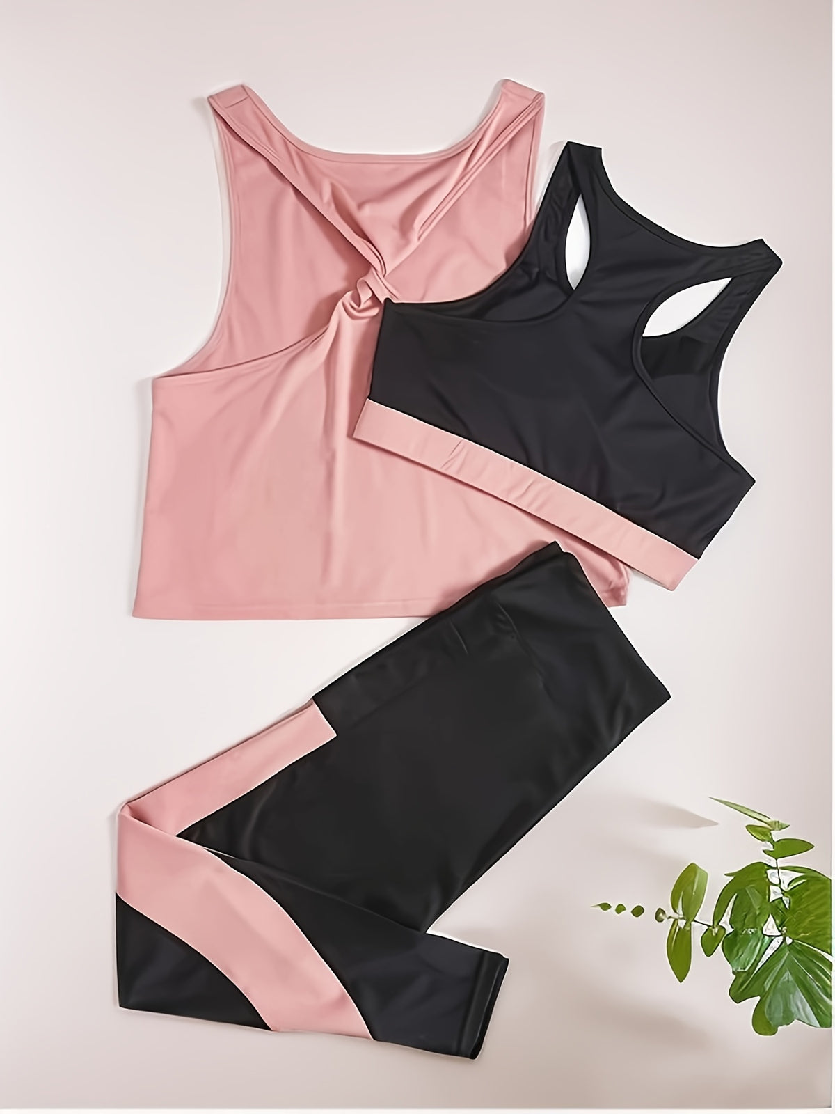 3 Piece Bra, Tank & Pants Yoga Set - Peach