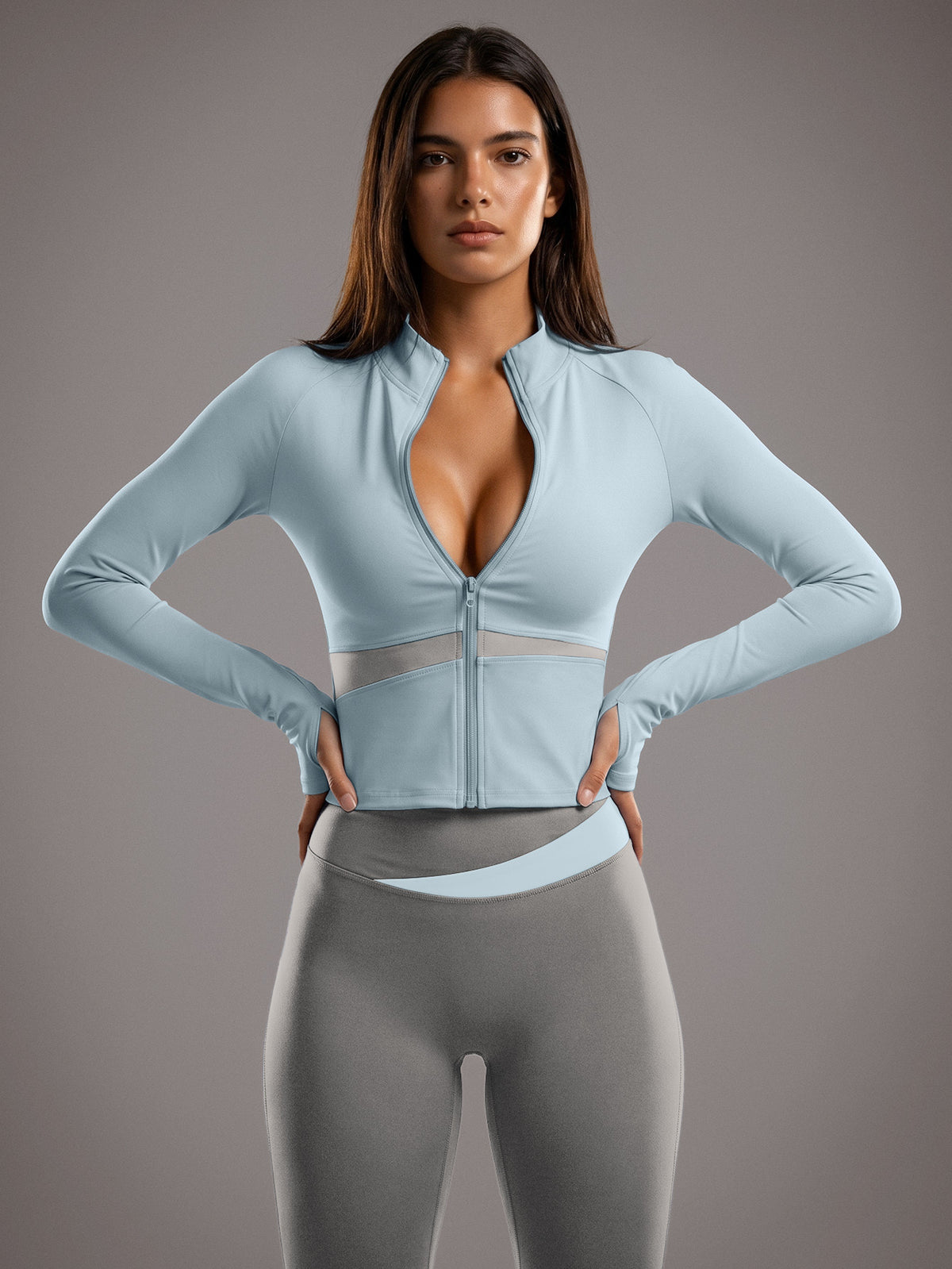 Color Block Cardigan Jacket & Slim Pants Set - Light Blue & Light Grey