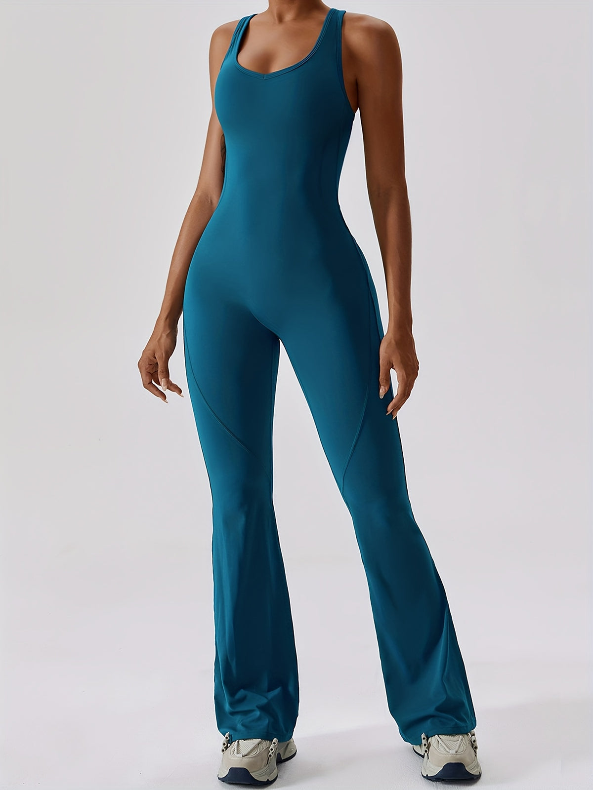 Open Back Padded Flare Jumpsuit - Dark Blue