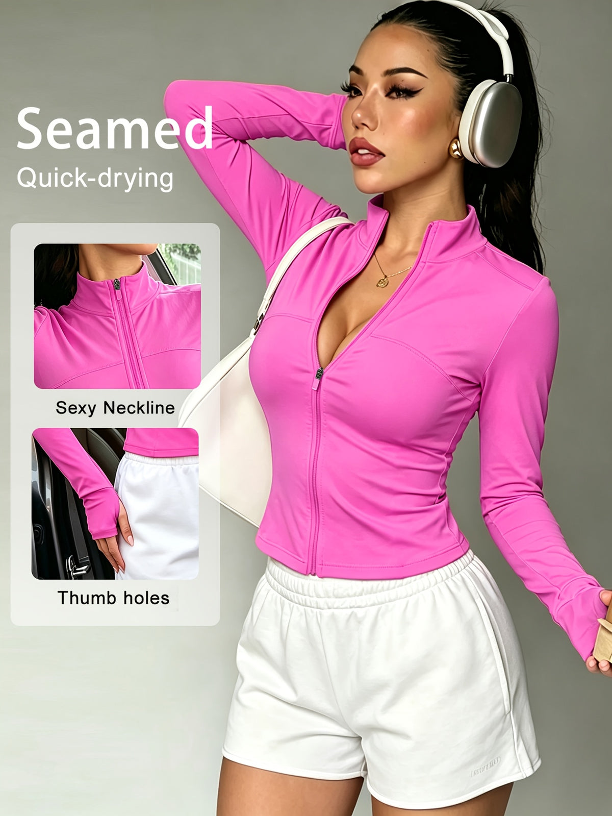 Slim Fit Stand Collar Zip Jacket - Hot Pink