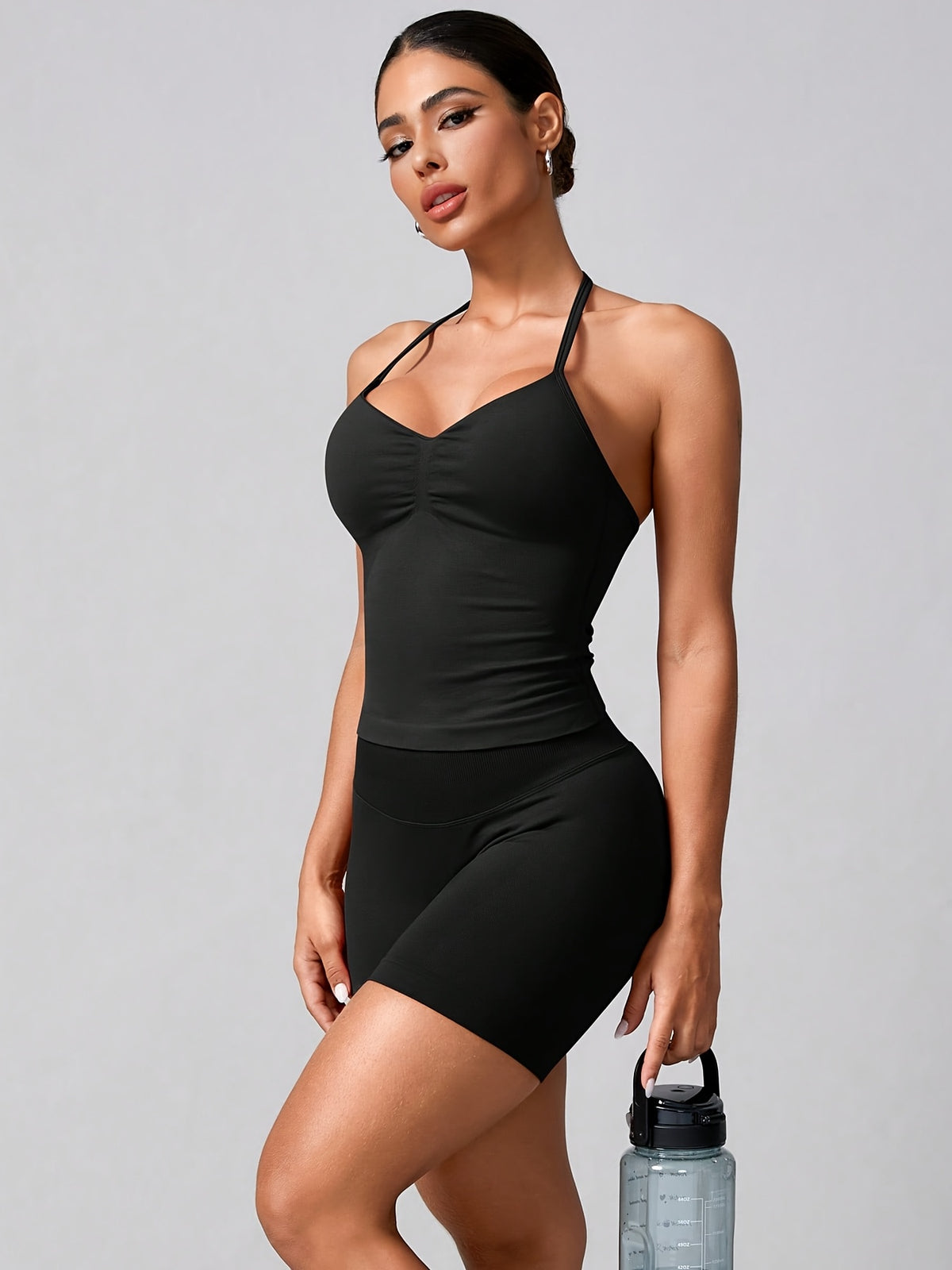 V Neck Halter Top & Shorts Set - Black