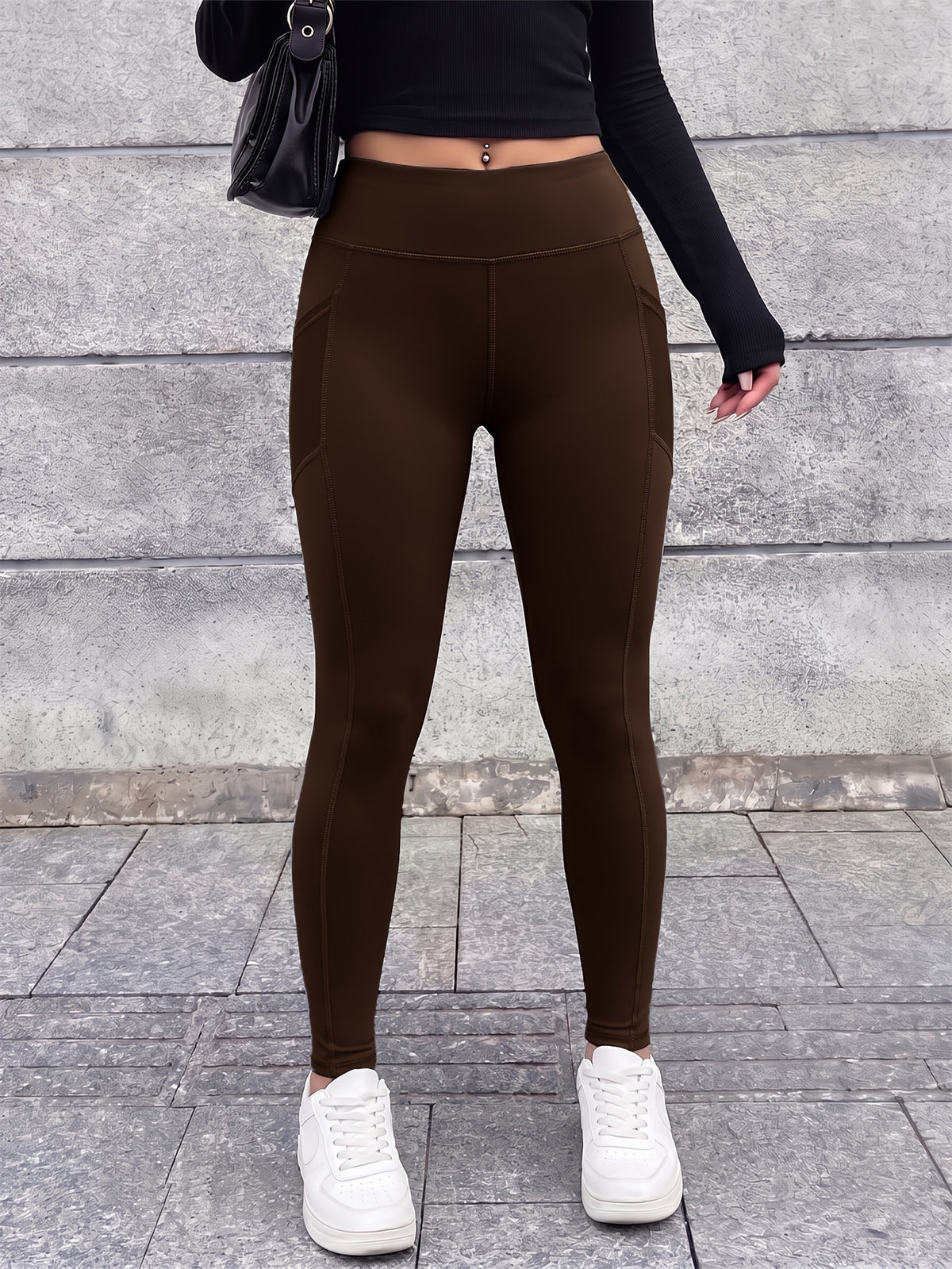 Side Pocket Shaping High Waist Leggings - Coffee