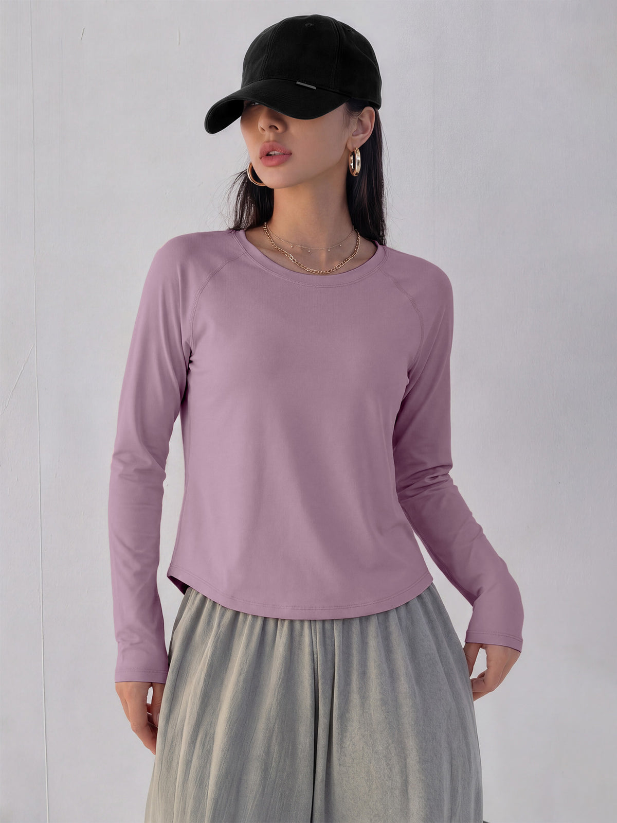 Mesh Back Panel Long Sleeve Top - Dusty Rose