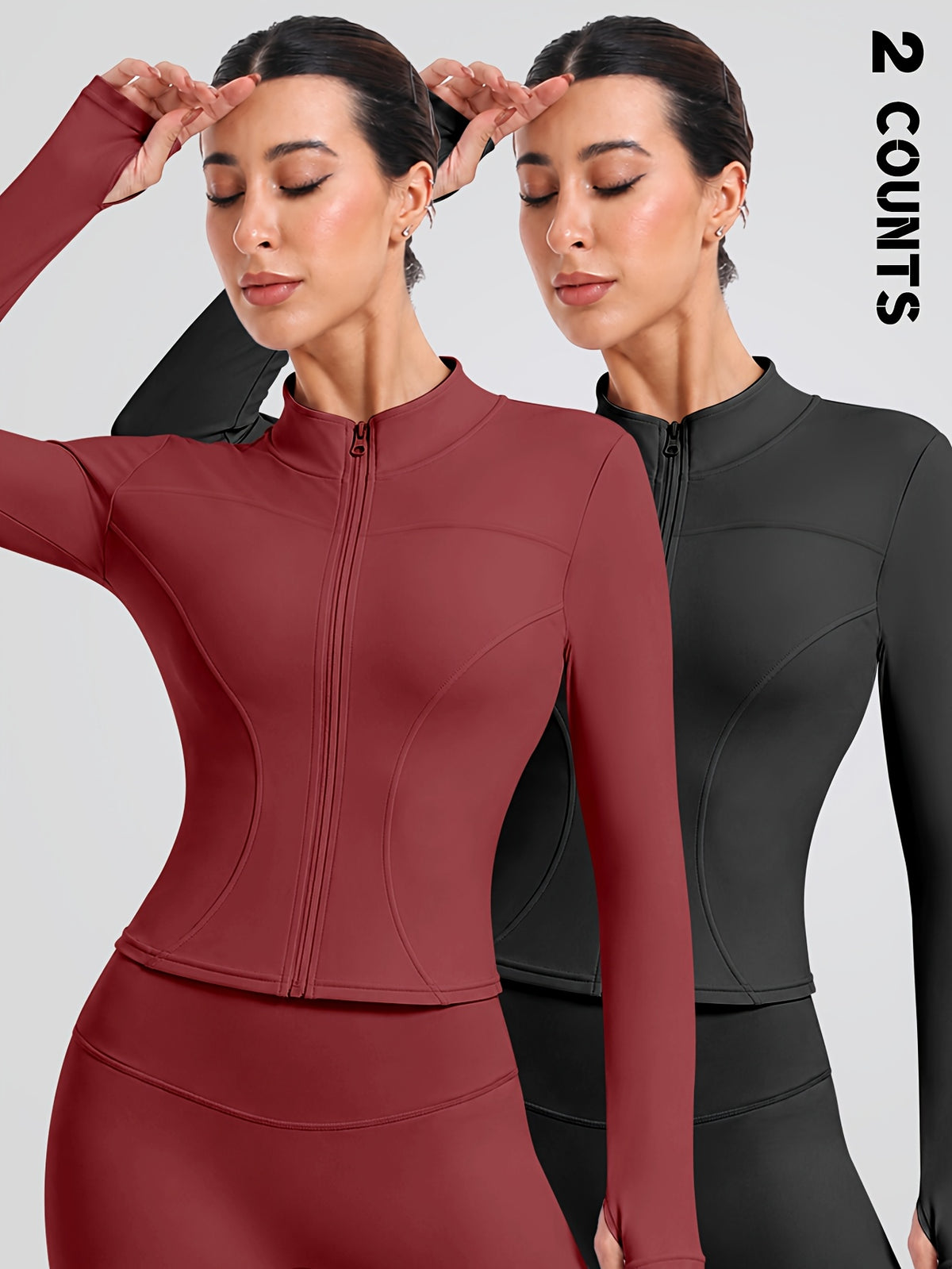 2 Pack Thumbhole Zip Jackets - Burgundy & Black