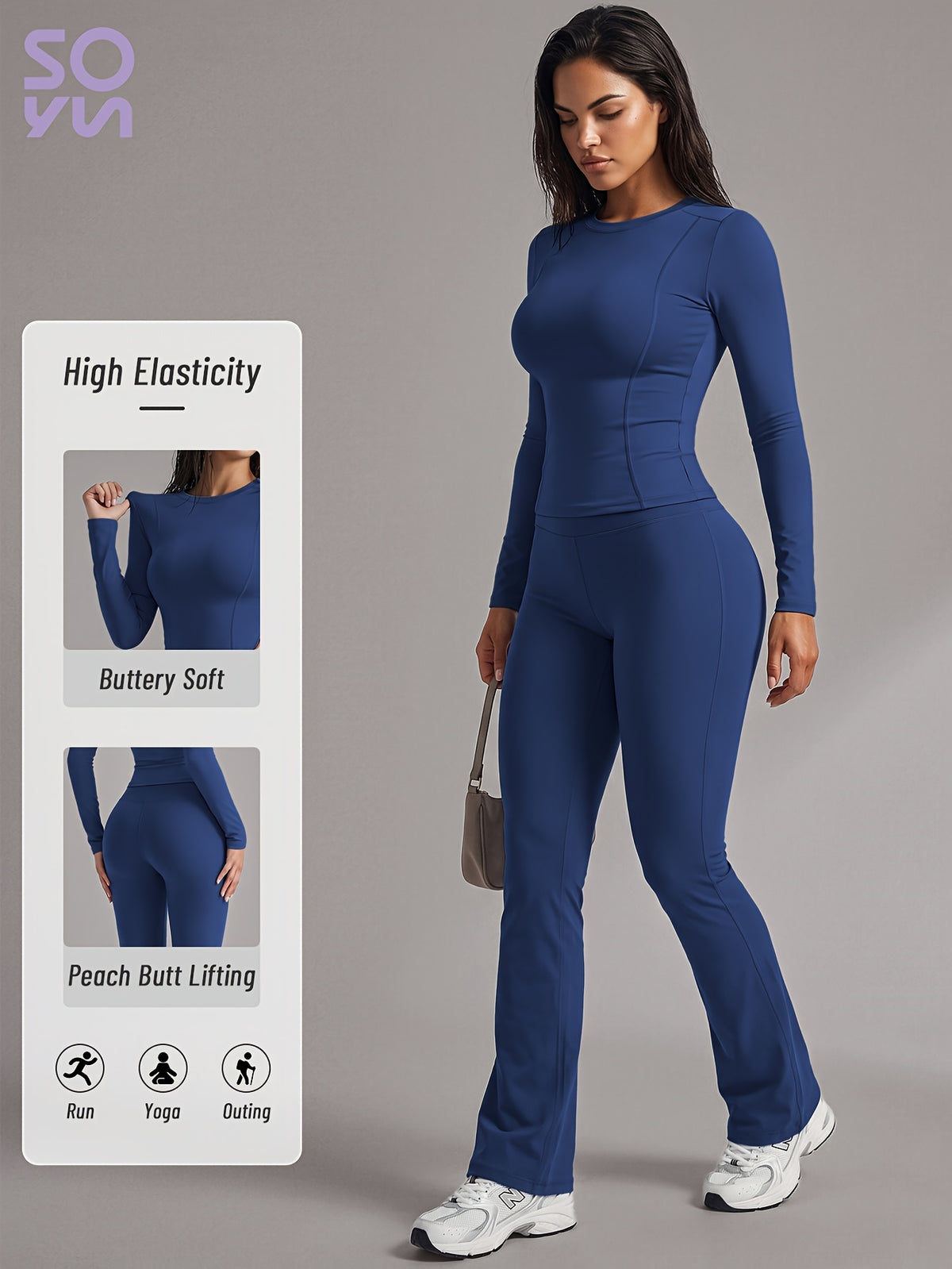 Long Sleeve Tee & Lift Yoga Pants Set - Navy Blue