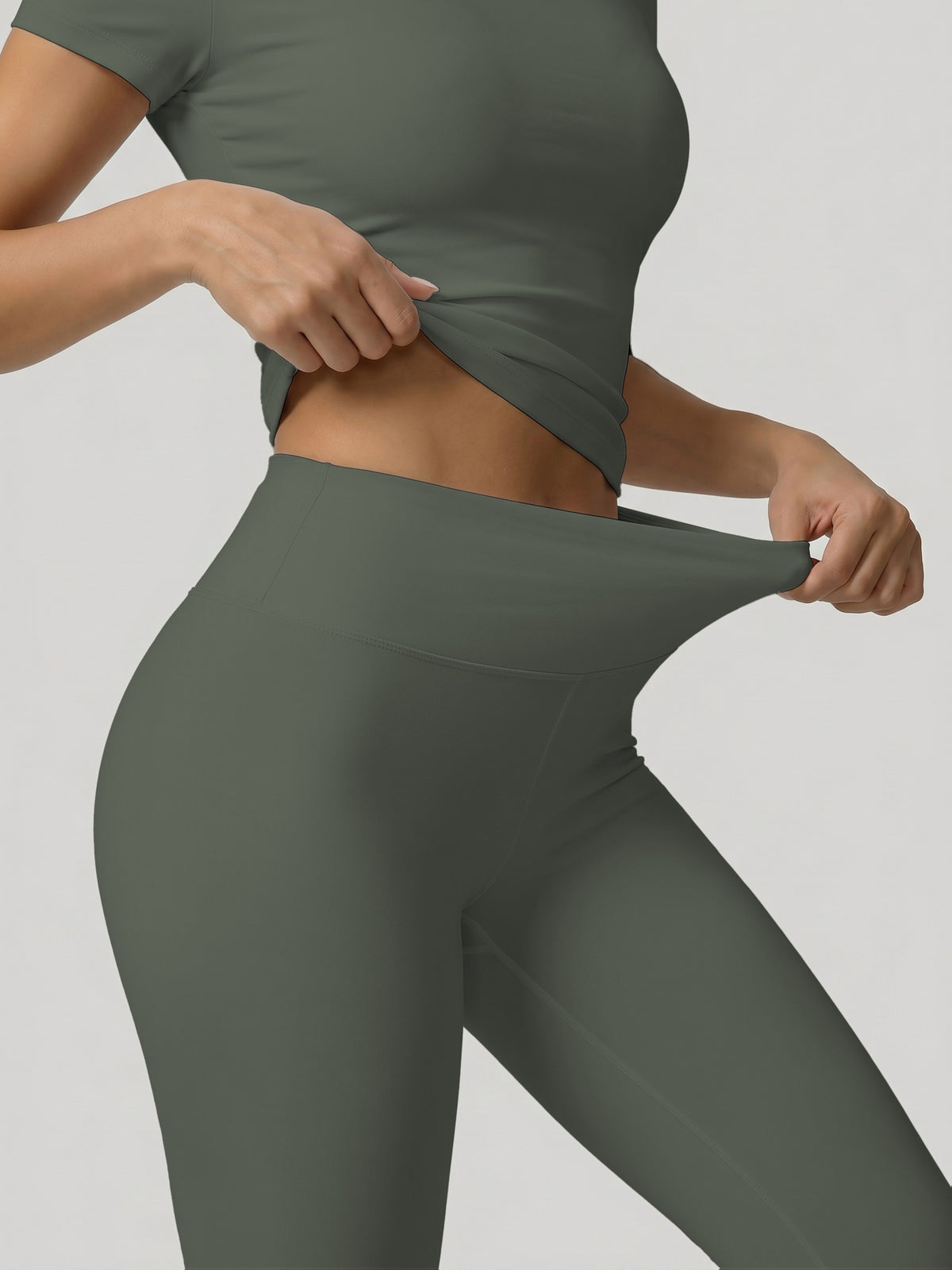 Round Neck Top & Tummy Tuck Leggings Set - Yellow Green