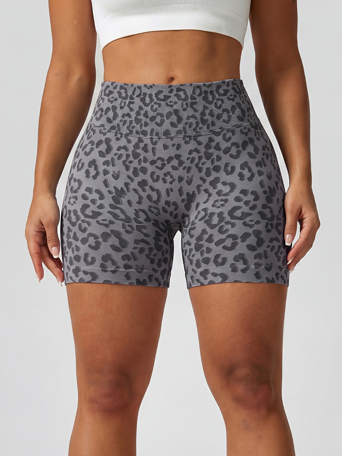 Leopard Seamless Ribbed Biker Shorts - Grey