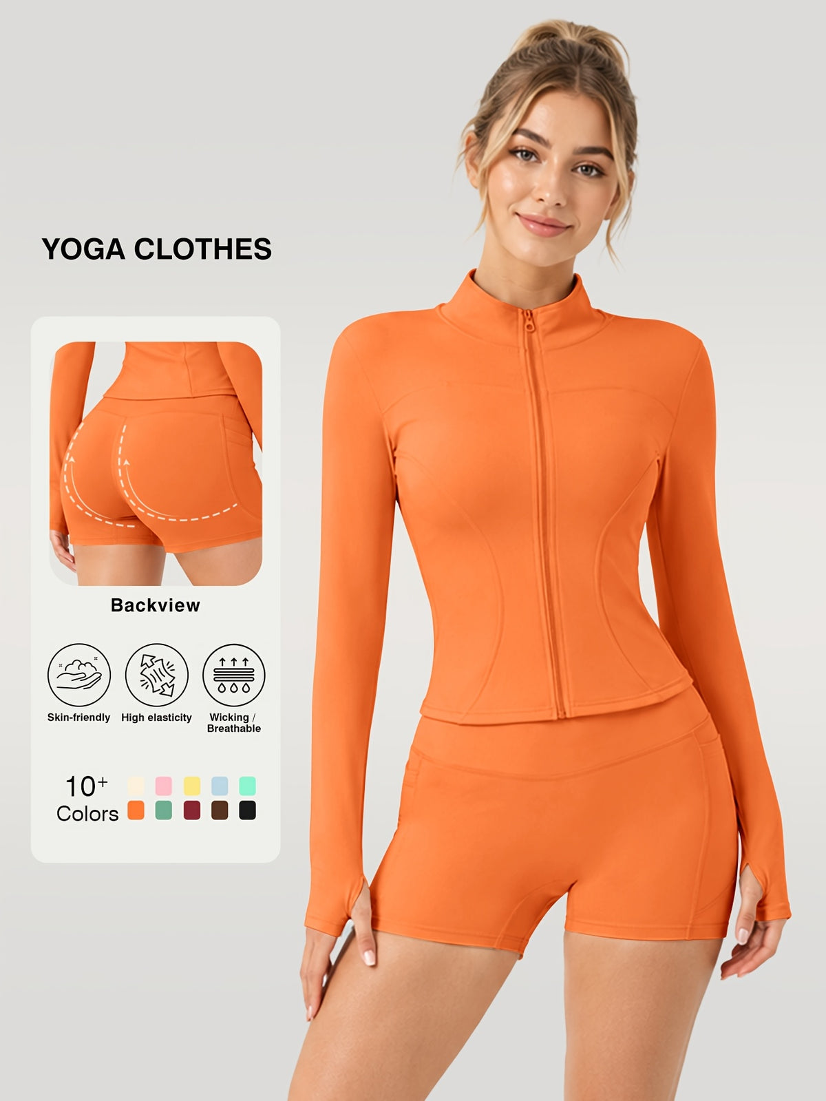 Stand Collar Zip Jacket & Pocket Shorts Set - Orange