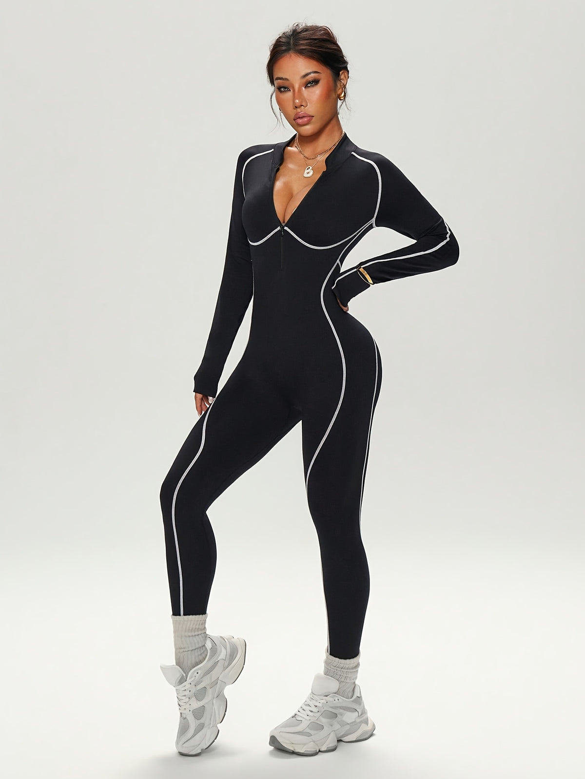 Contrast Piping Zip Jumpsuit - Black