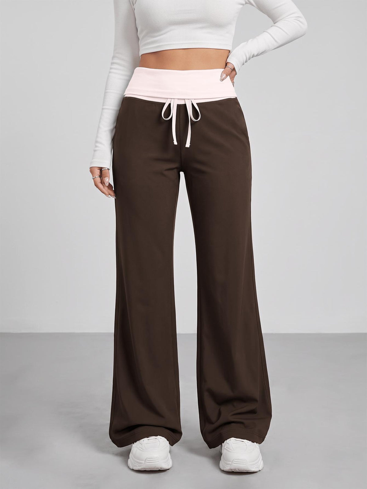 Ruffled Waist Drawstring Trousers - Coffee