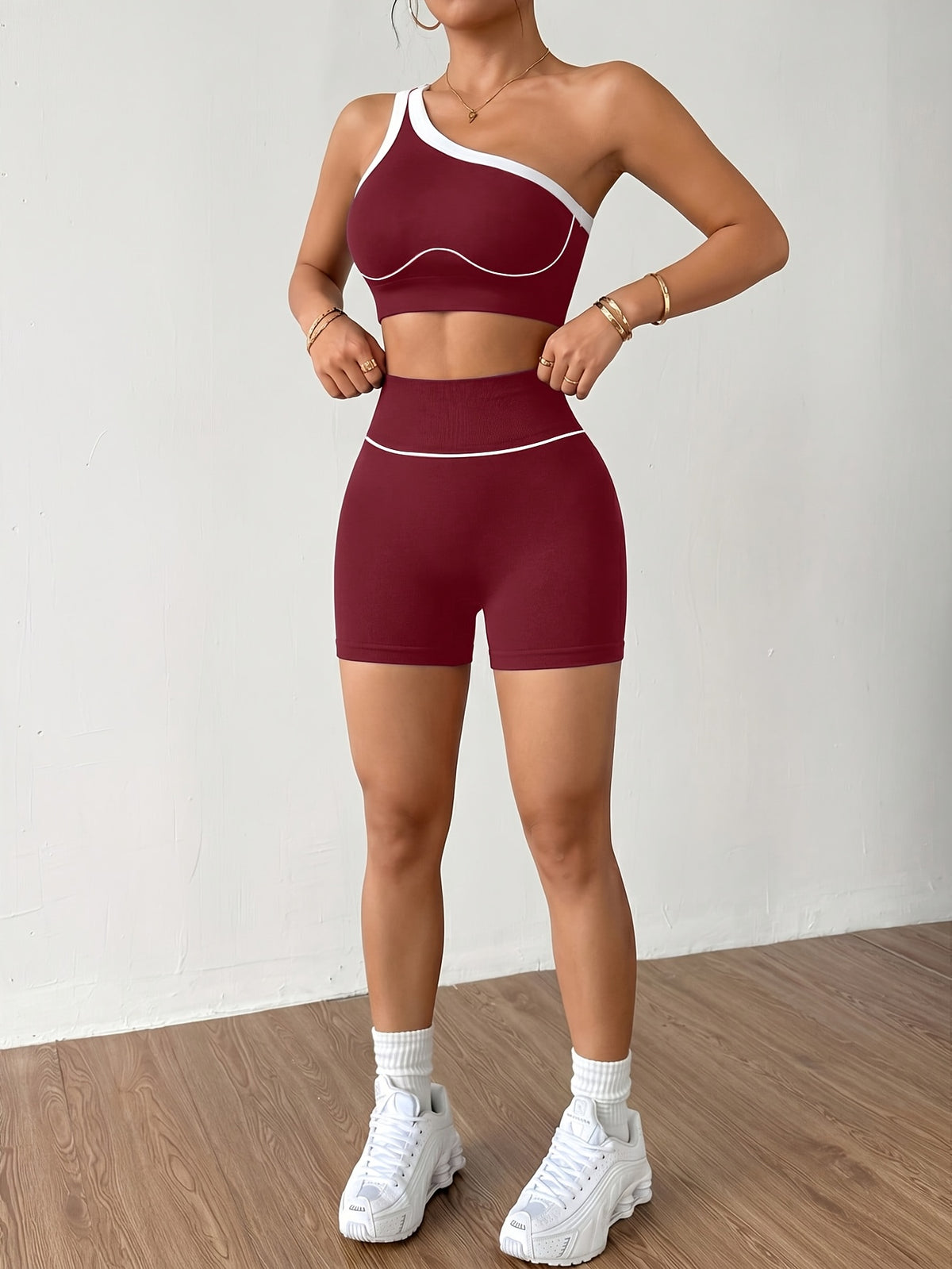 One Shoulder Bra & Shorts Set - Burgundy