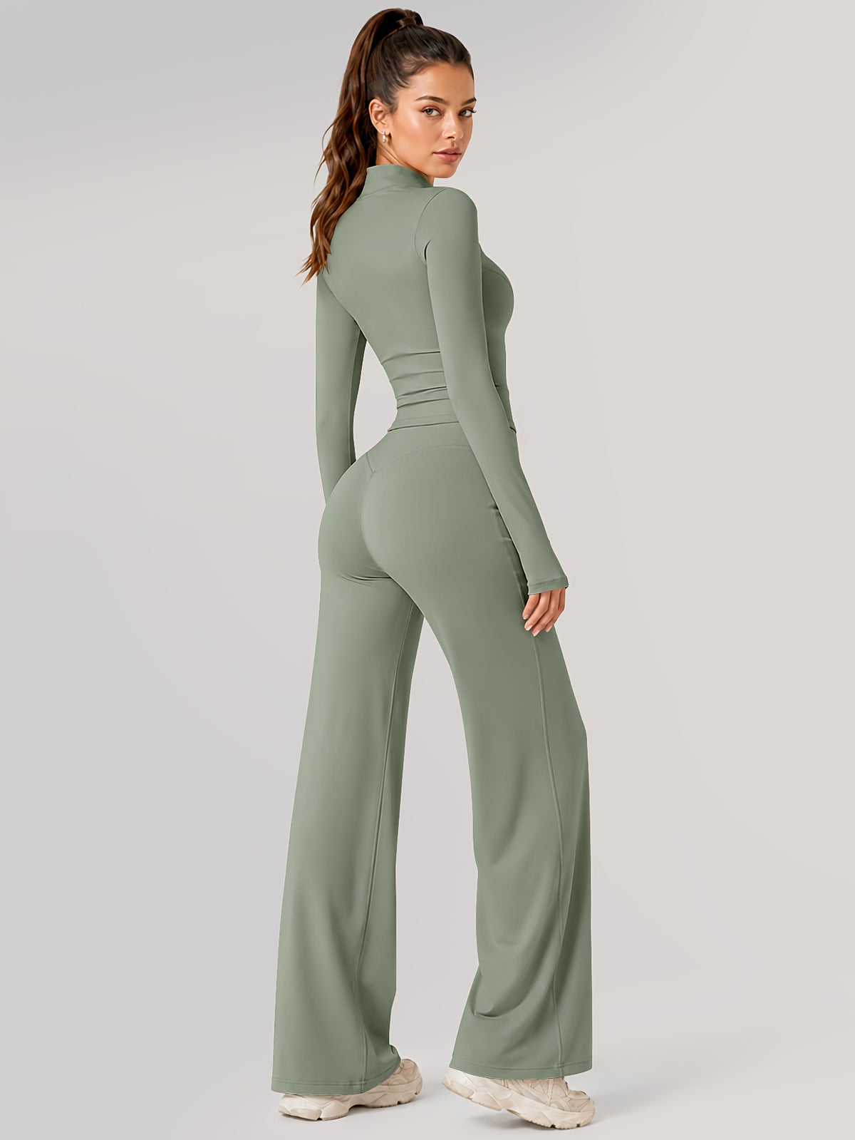 Zip Jacket & Wide Leg Pants Set - Sage Green