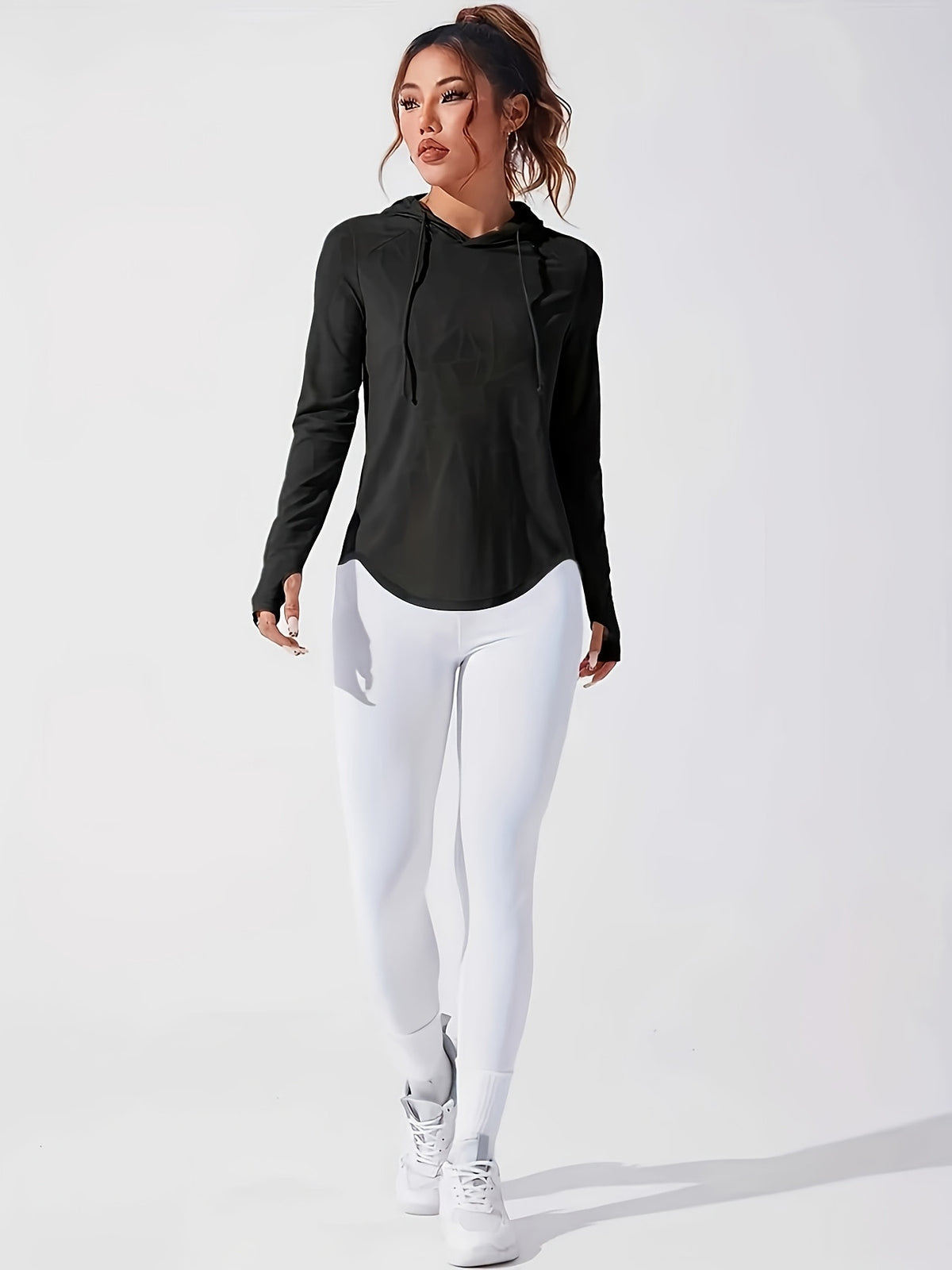 Curved Hem Drawstring Hooded Top - Black