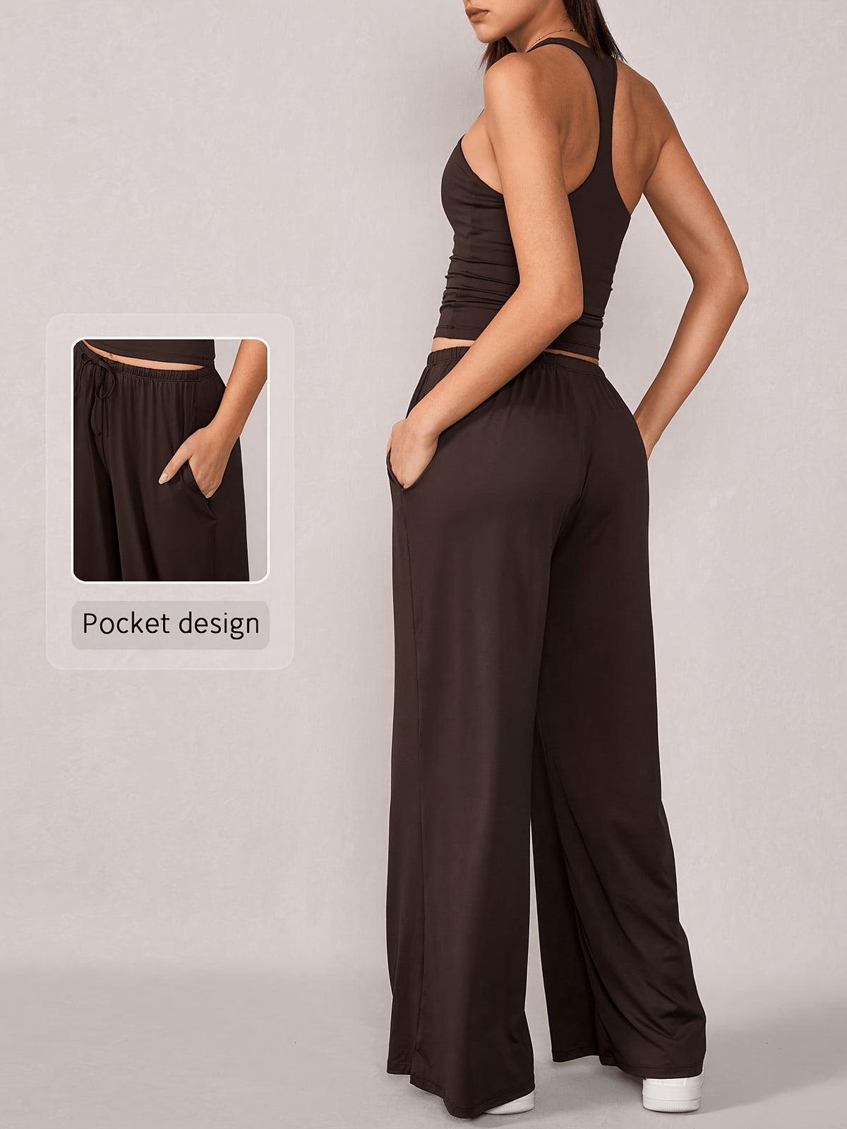 Racerback Tank & Wide Leg Pants Set - Coffee