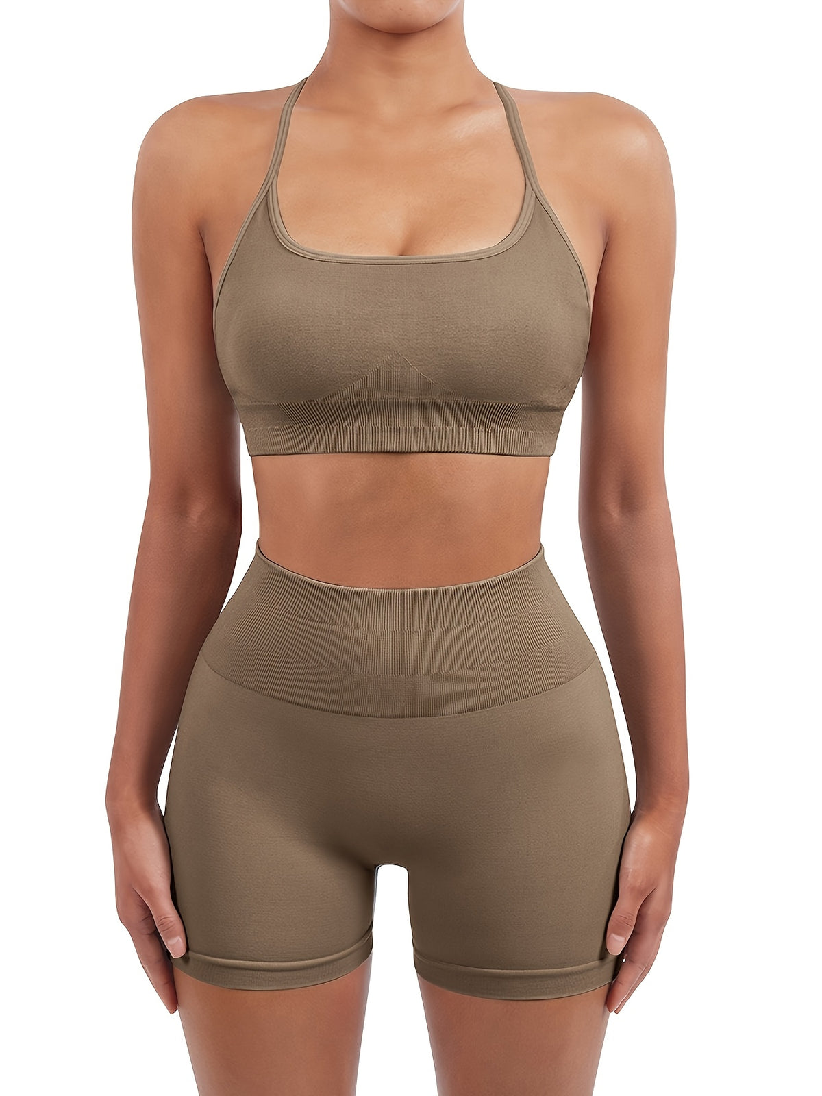 Seamless Thin Strap Bra & Shorts Set - Camel