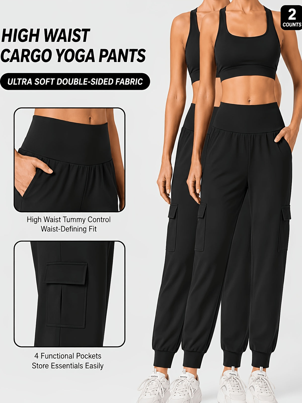 2 Pack Cargo Joggers With 4 Pockets - Black