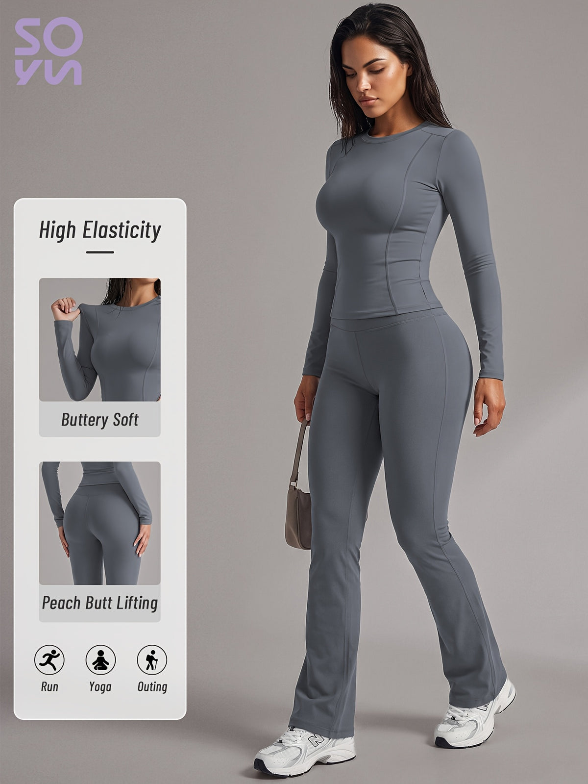 Long Sleeve Tee & Lift Yoga Pants Set - Gray
