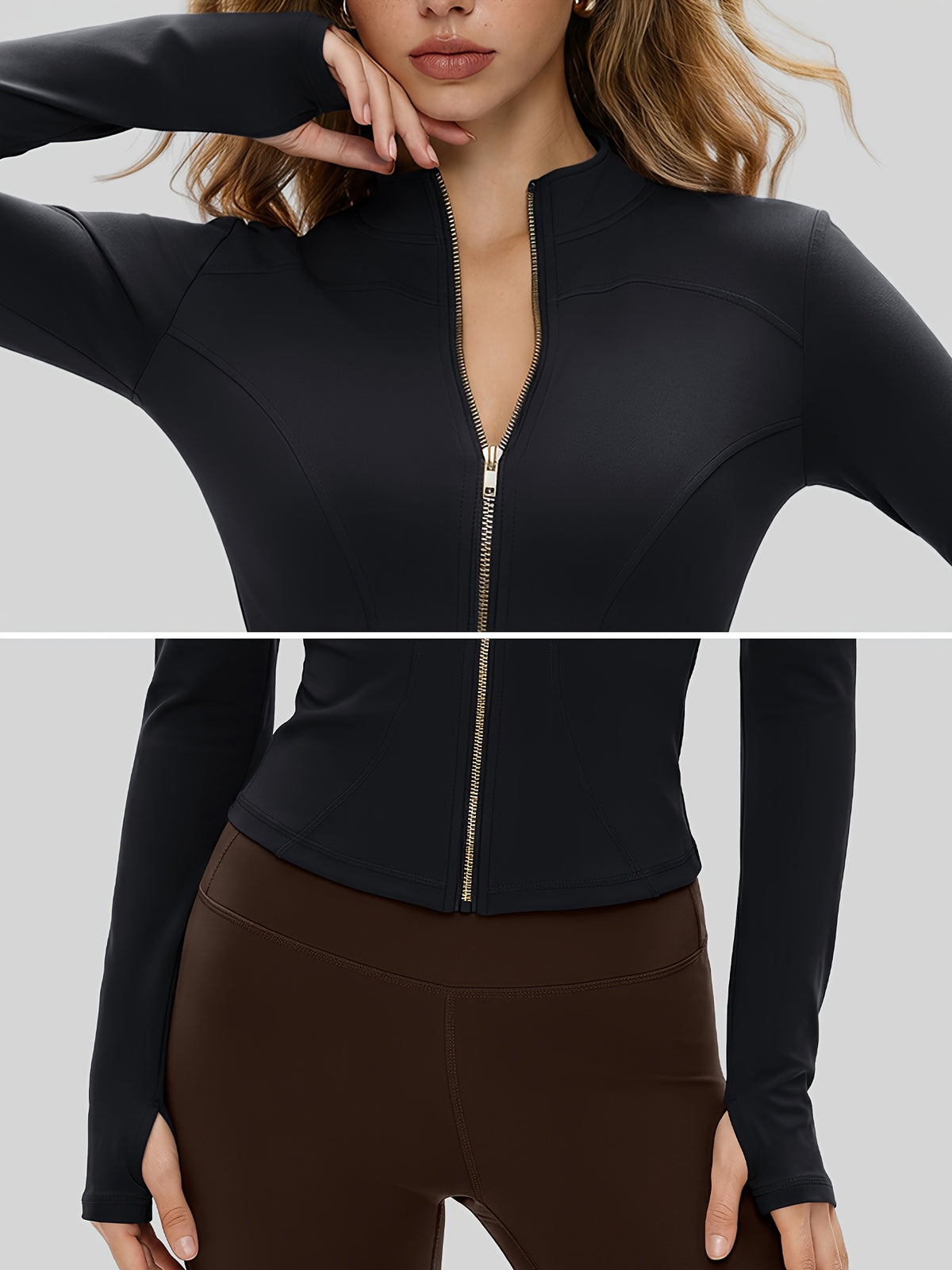 Cropped Thumbhole Zip Jacket - Black