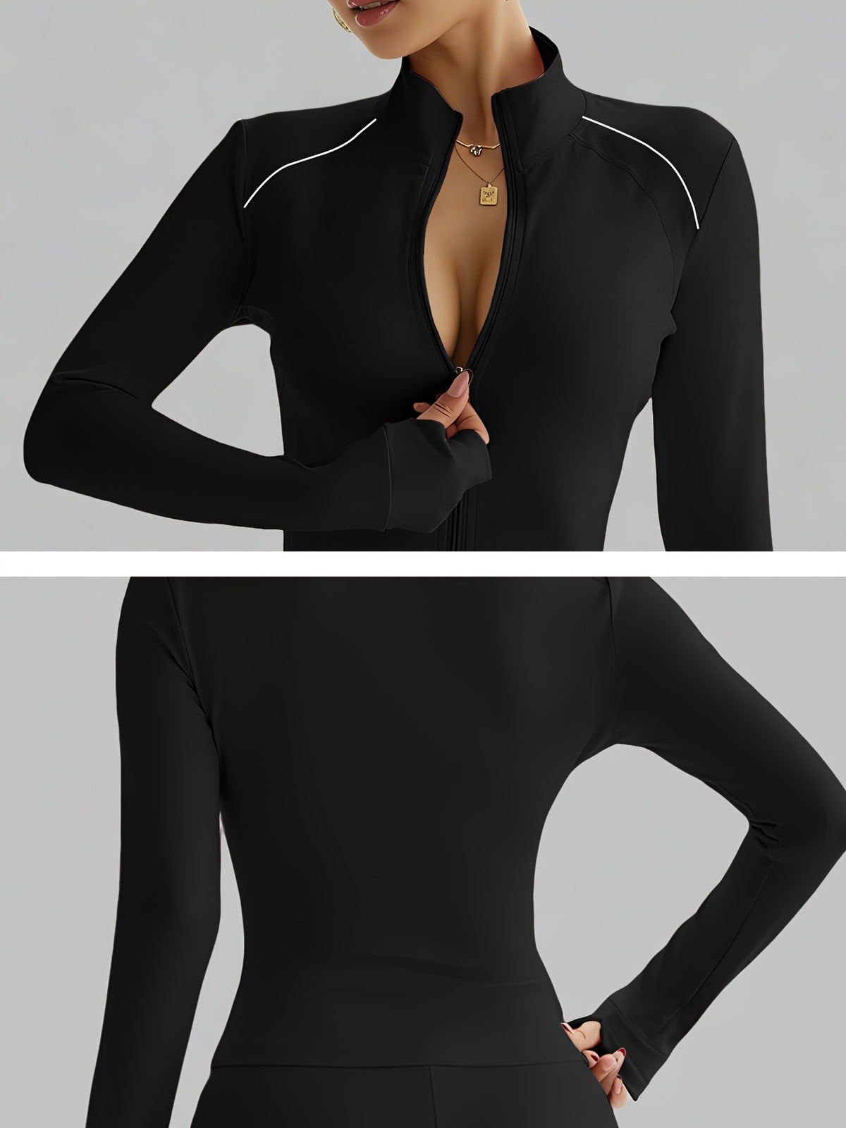 Contrast Trim Zip Up Fitted Jacket - Black