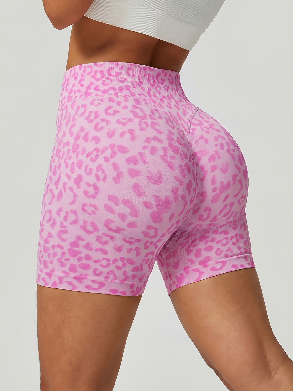 Leopard Seamless Ribbed Biker Shorts - Pink