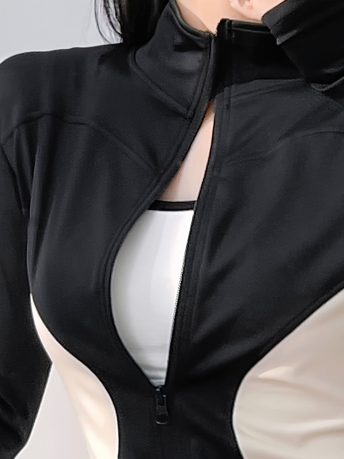 Colour Block Thumbhole Zip Jacket - Black & White