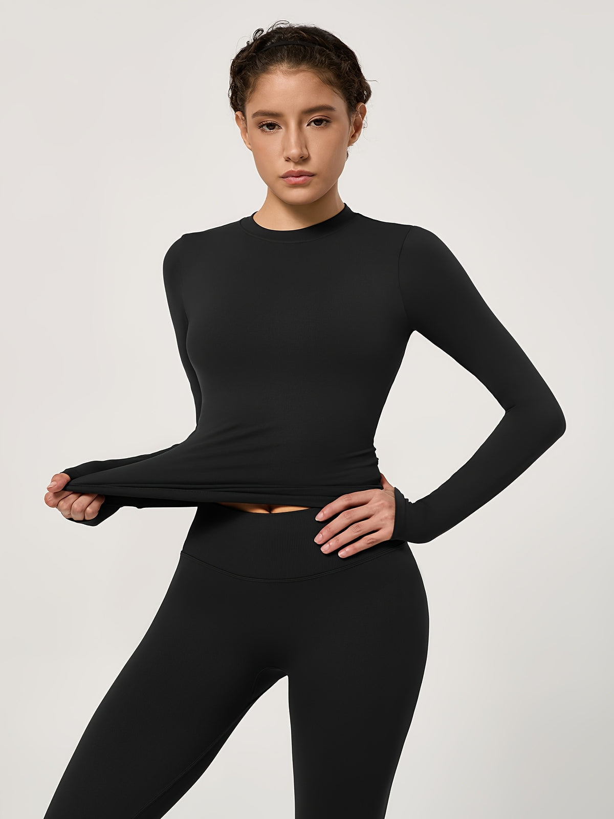 Long Sleeve Top & Seamless Leggings Set - Black