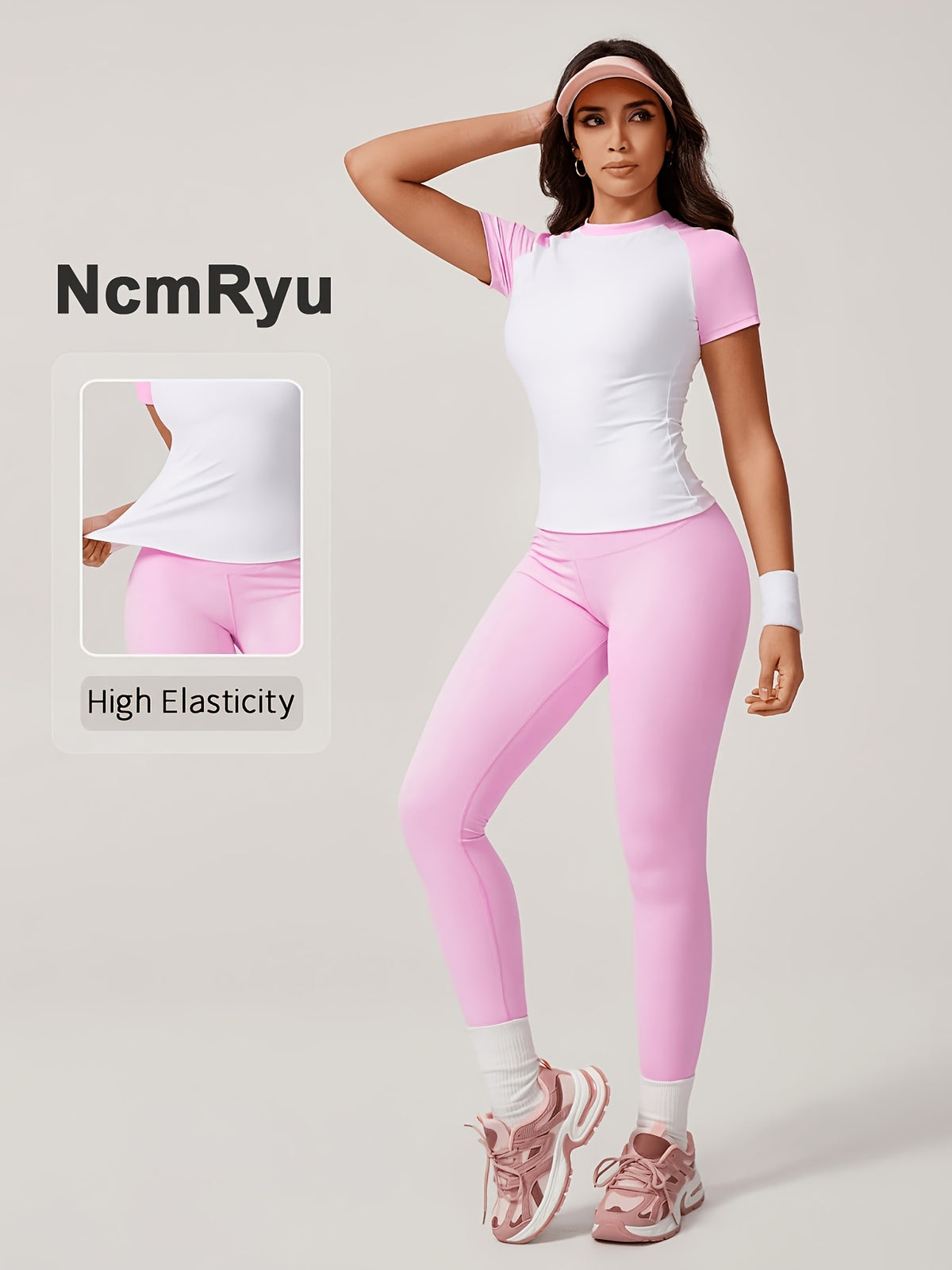 Colour Block Tee & Leggings Set - Pink & White