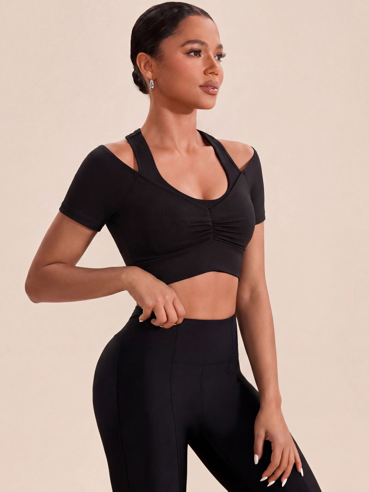 2 in 1 Halter Bra Off Shoulder Tee - Black