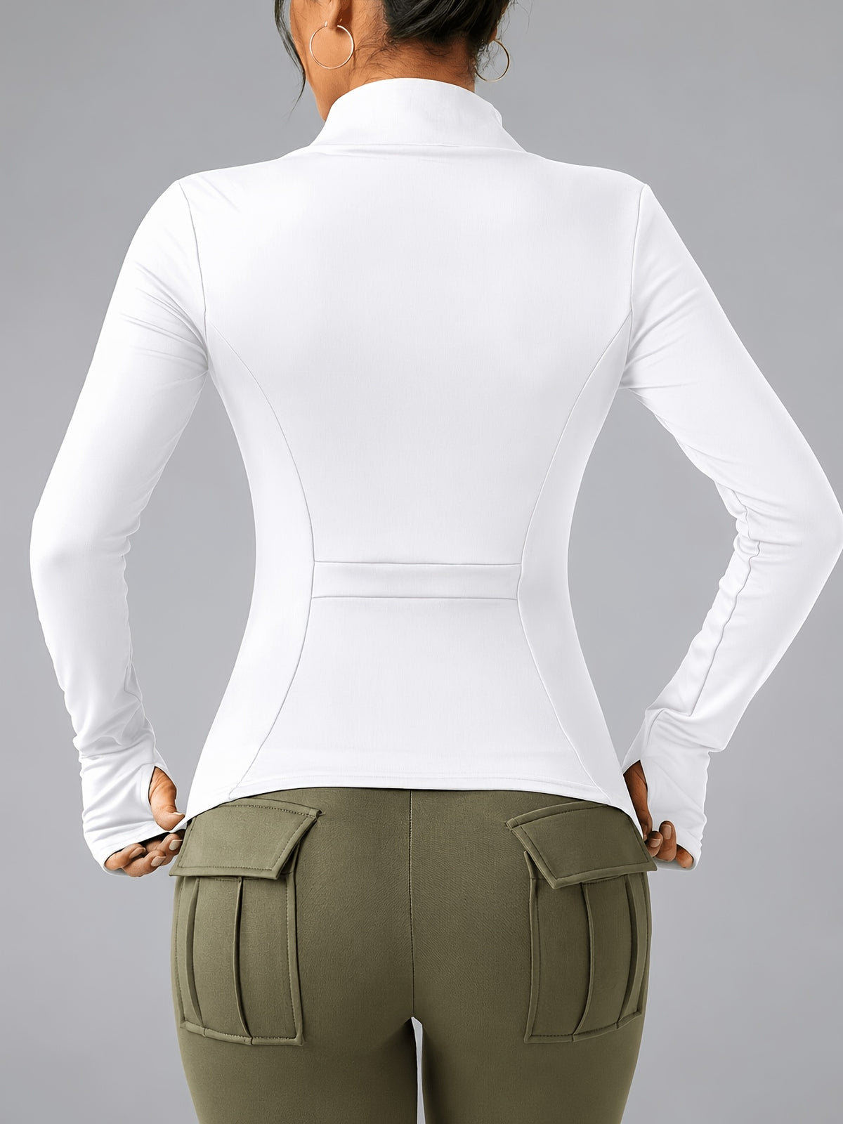 Thumbhole Stand Collar Full Zip Jacket - White