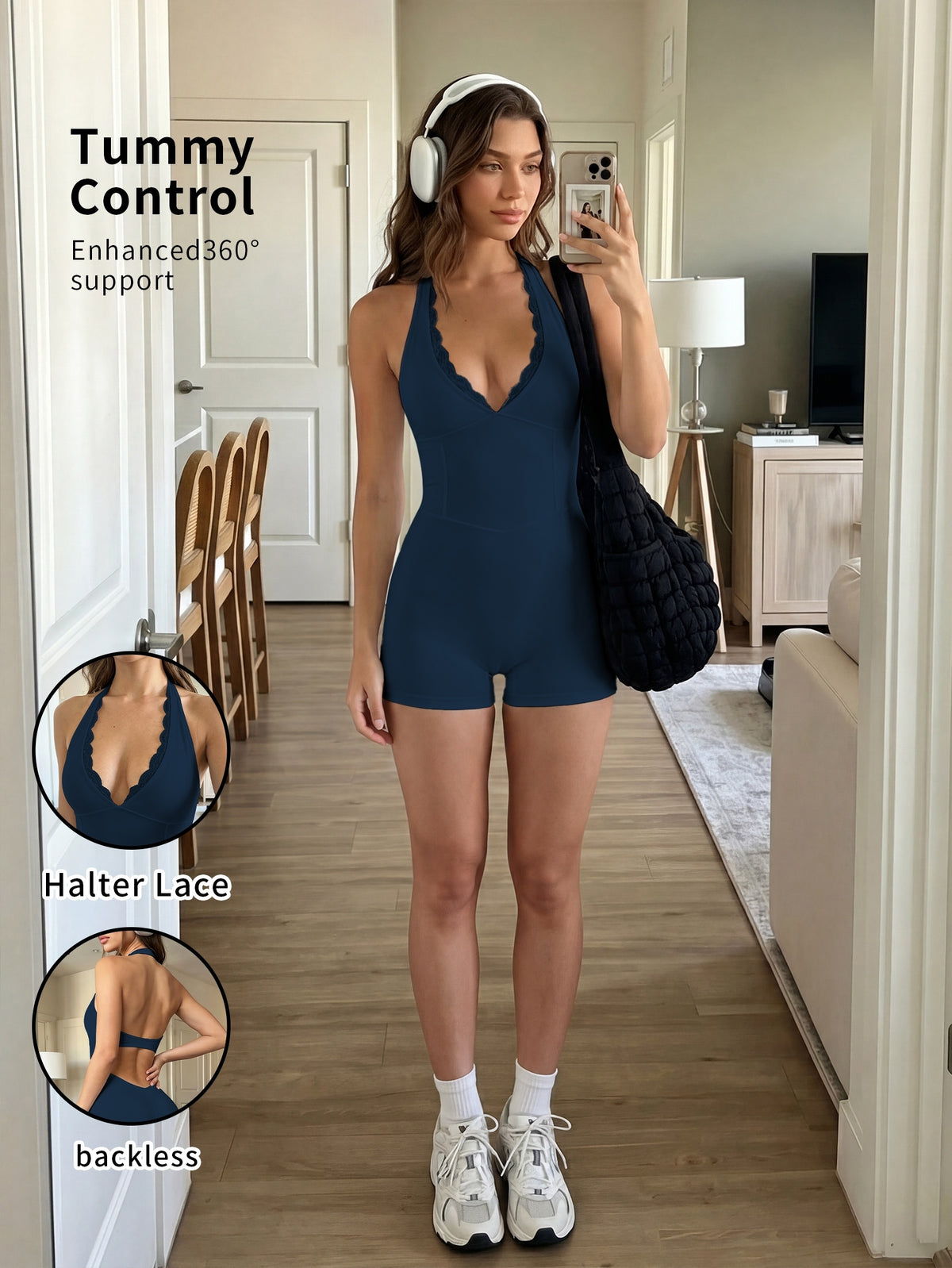 Lace Halter Deep V Romper - Badge Blue