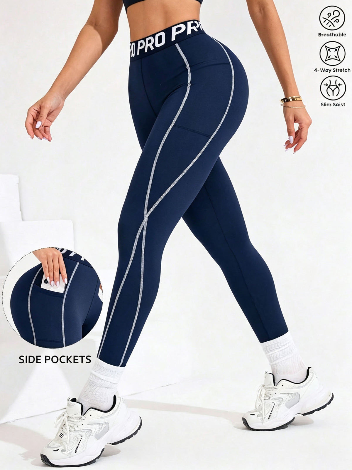 Letter Waistband Double Pocket Leggings - Navy Blue