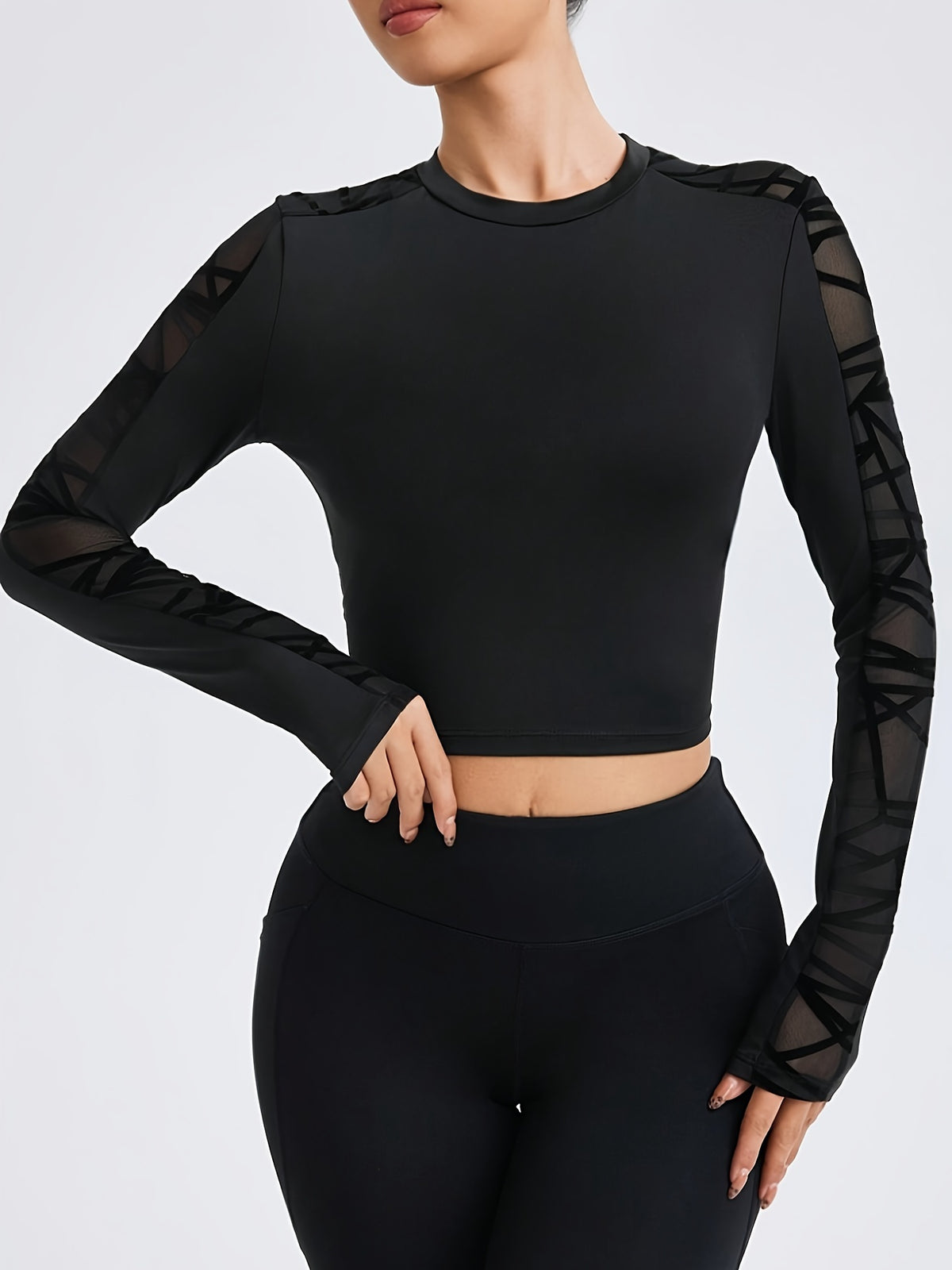 Geometric Mesh Long Sleeve Crop Top - Black