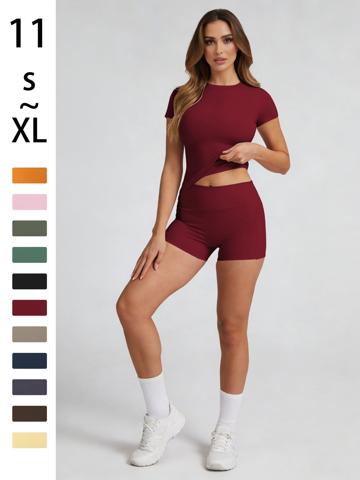 Tummy Control Top & Pocket Shorts Set - Cherry Red