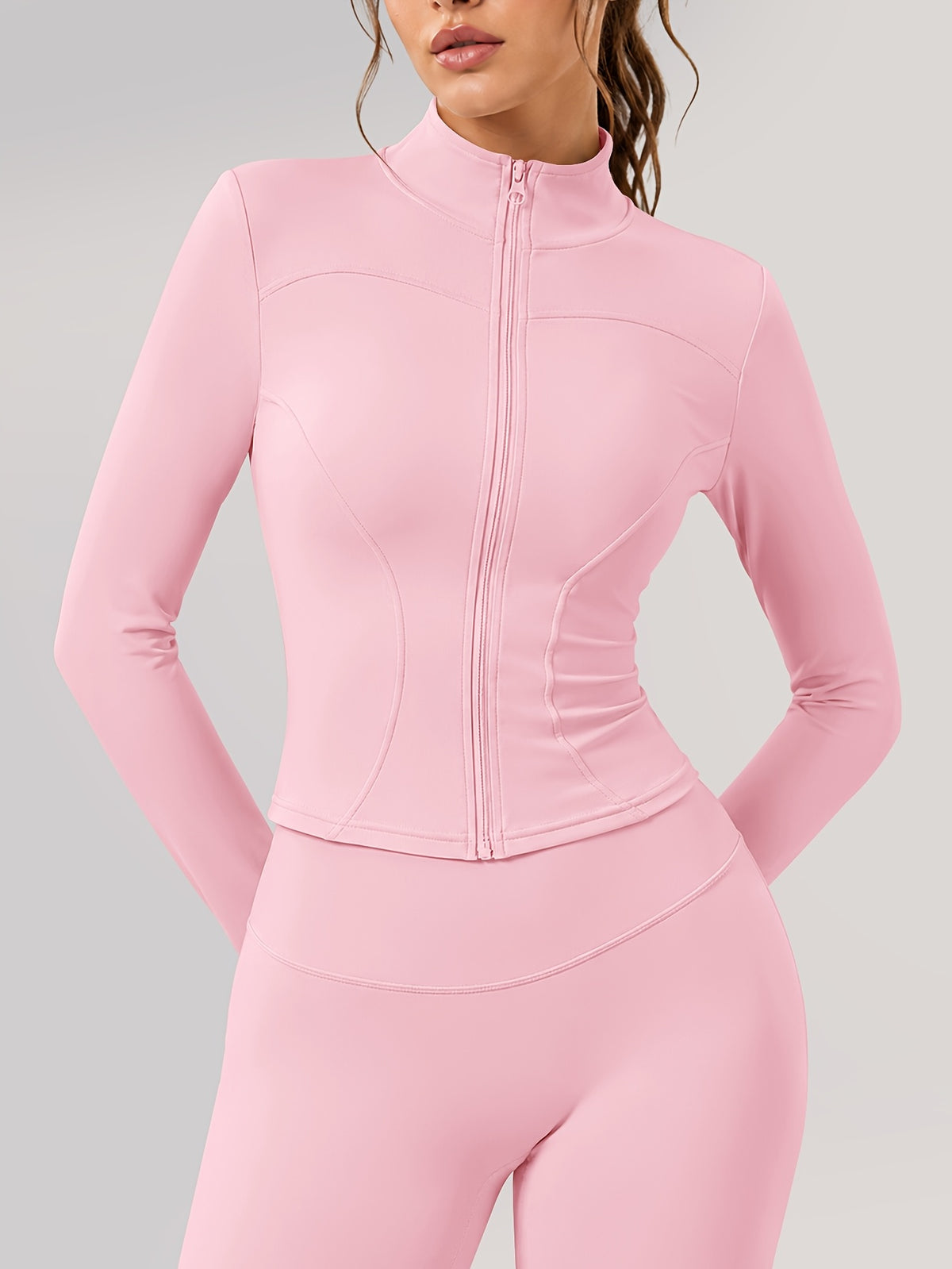 Zip Jacket & Wide Leg Pants Set - Pink