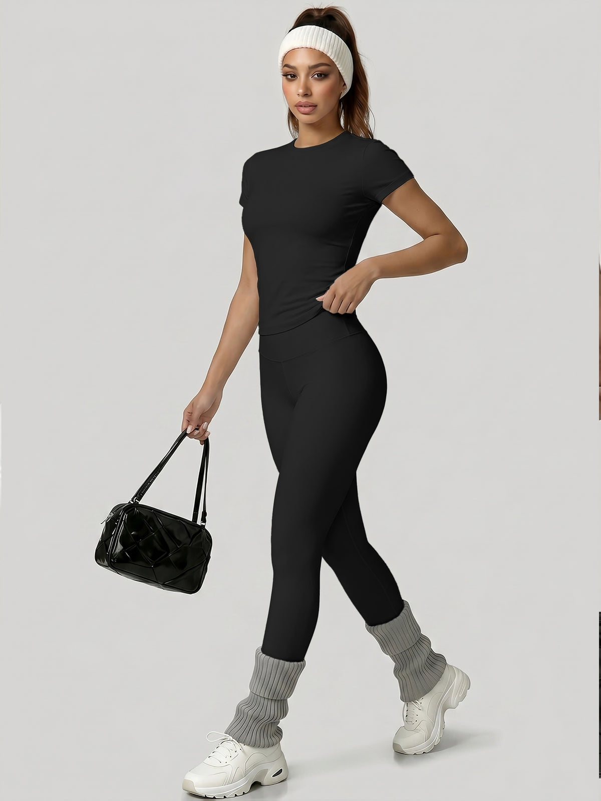 Round Neck Top & Tummy Tuck Leggings Set - Black