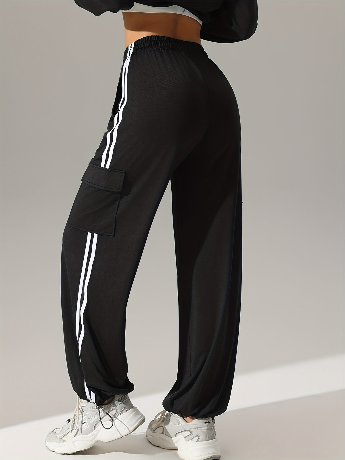 Side Stripe Drawstring Tapered Joggers - Black