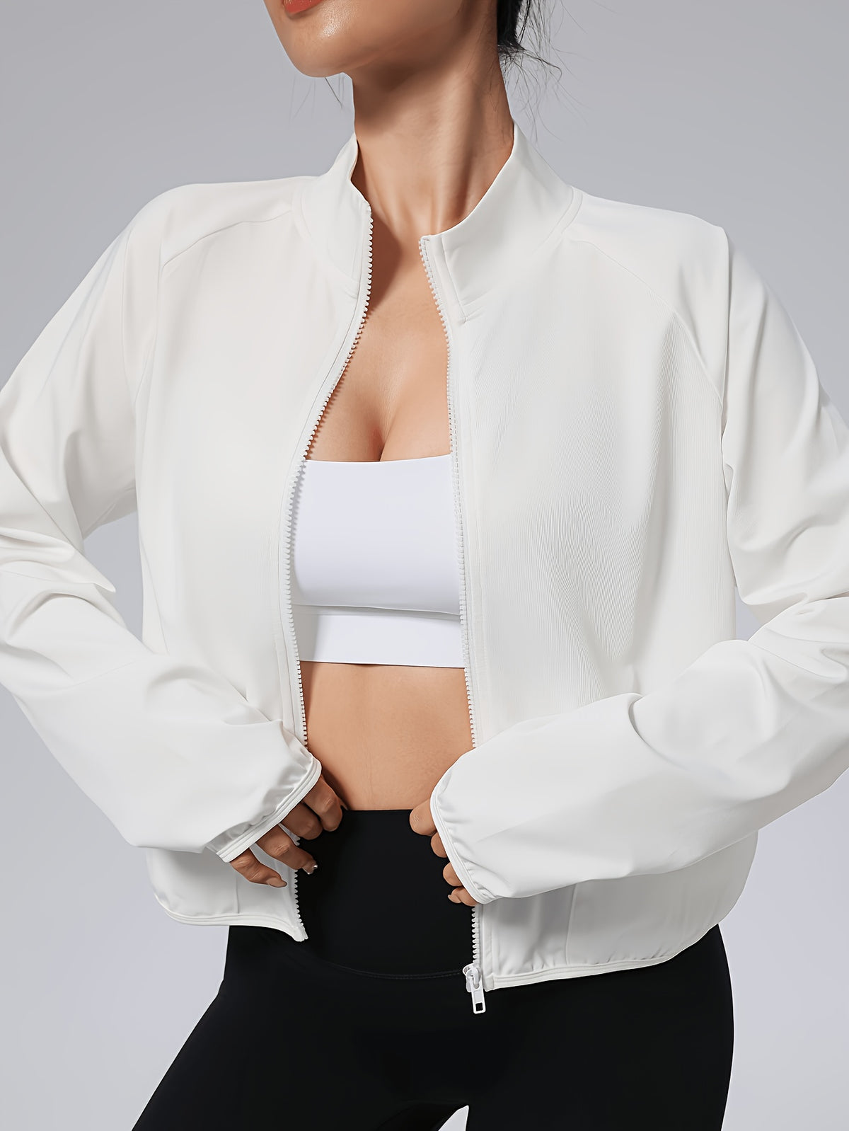 Short Stand Collar Pocket Zip Jacket - White