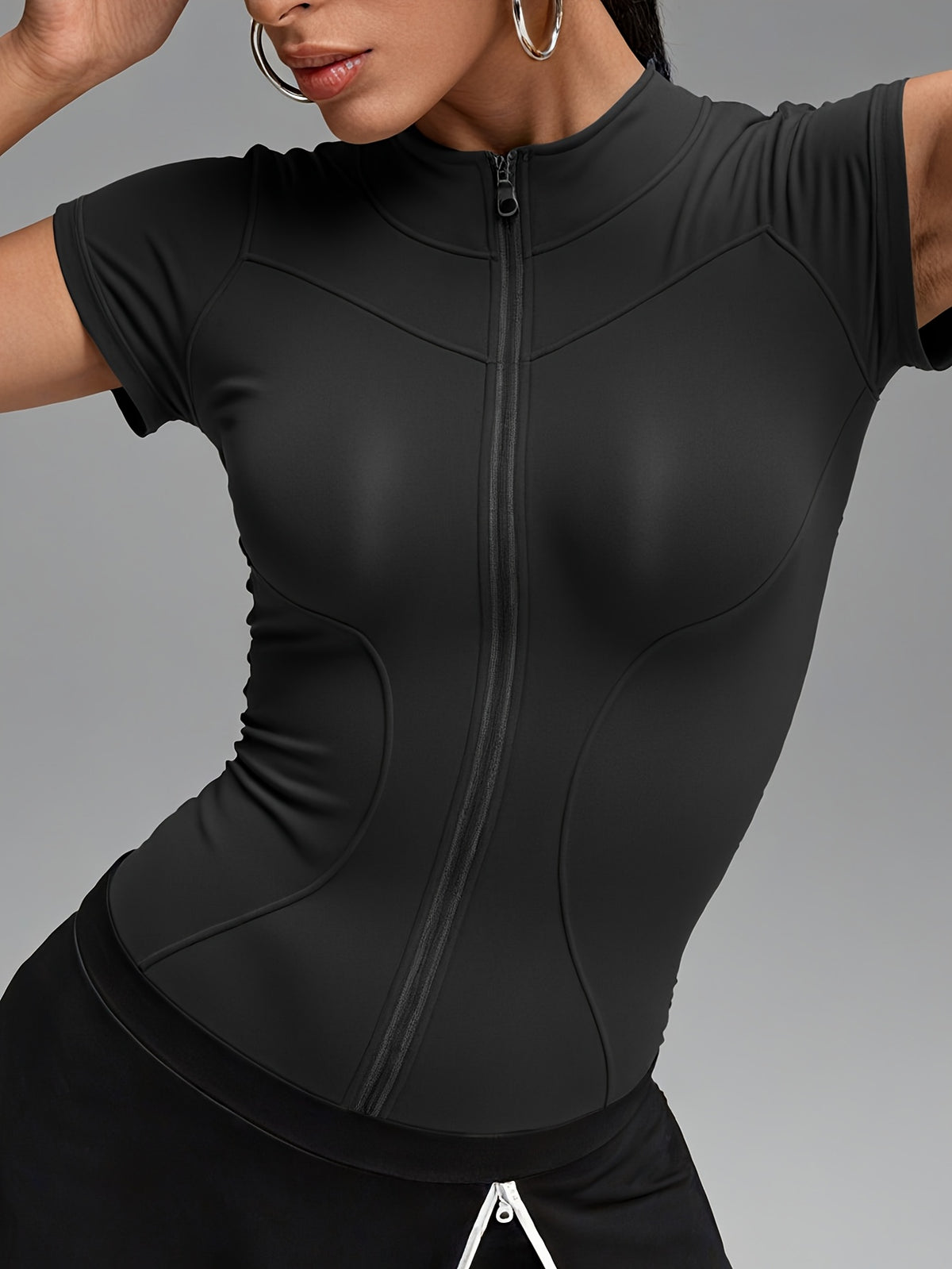 Short Sleeve Cropped Zip Jacket - Black