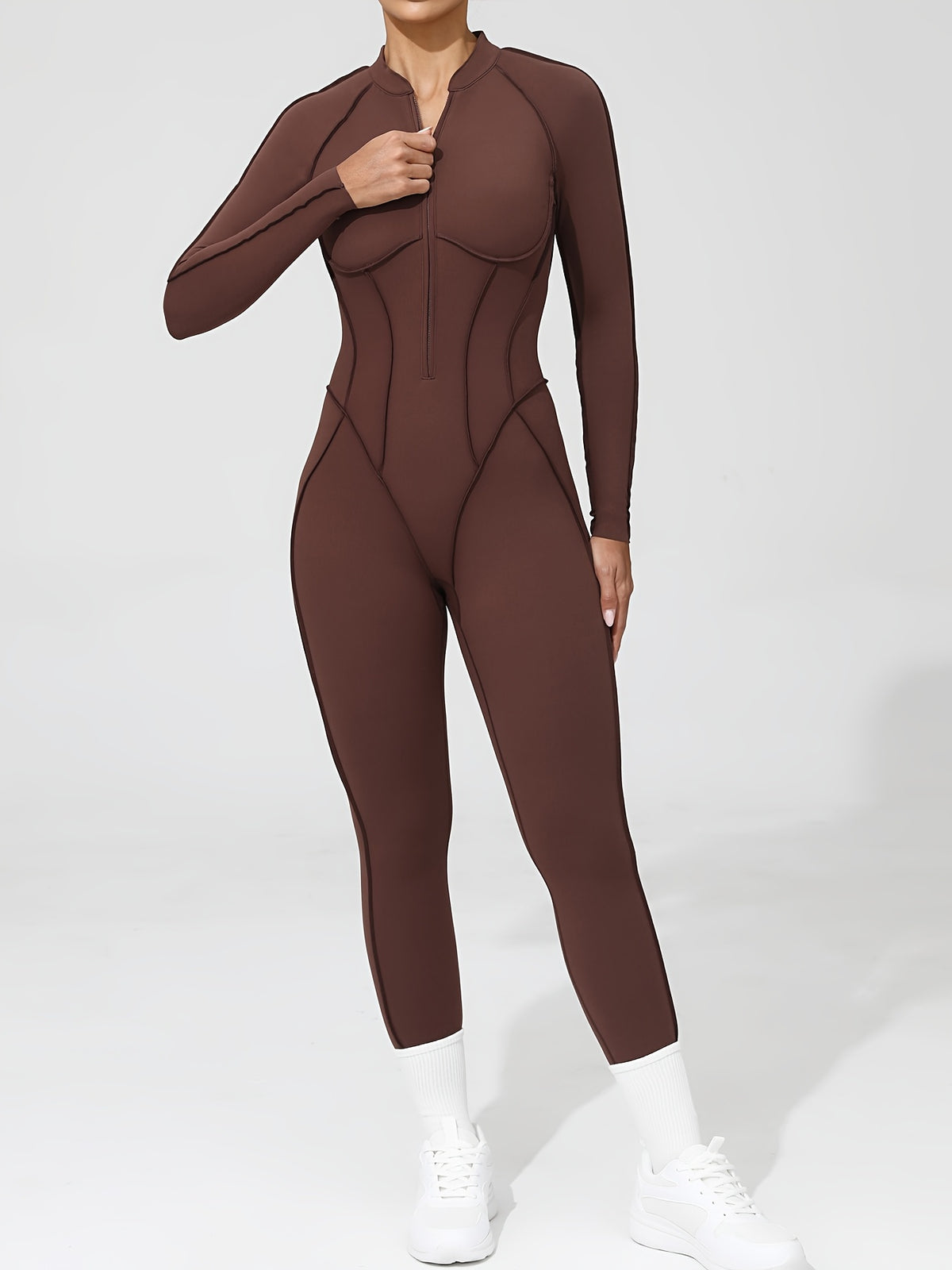 Half Zip Open Back Long Sleeve Jumpsuit - Coffee