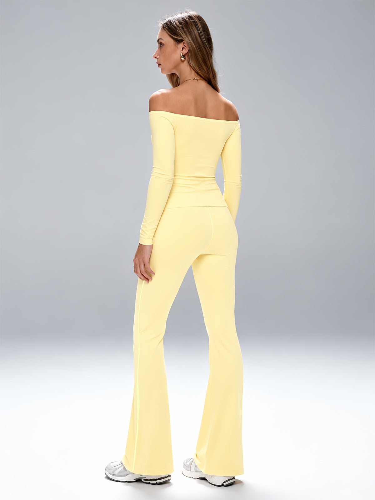 Off-Shoulder Top & Flared Joggers Set - Cream Yellow