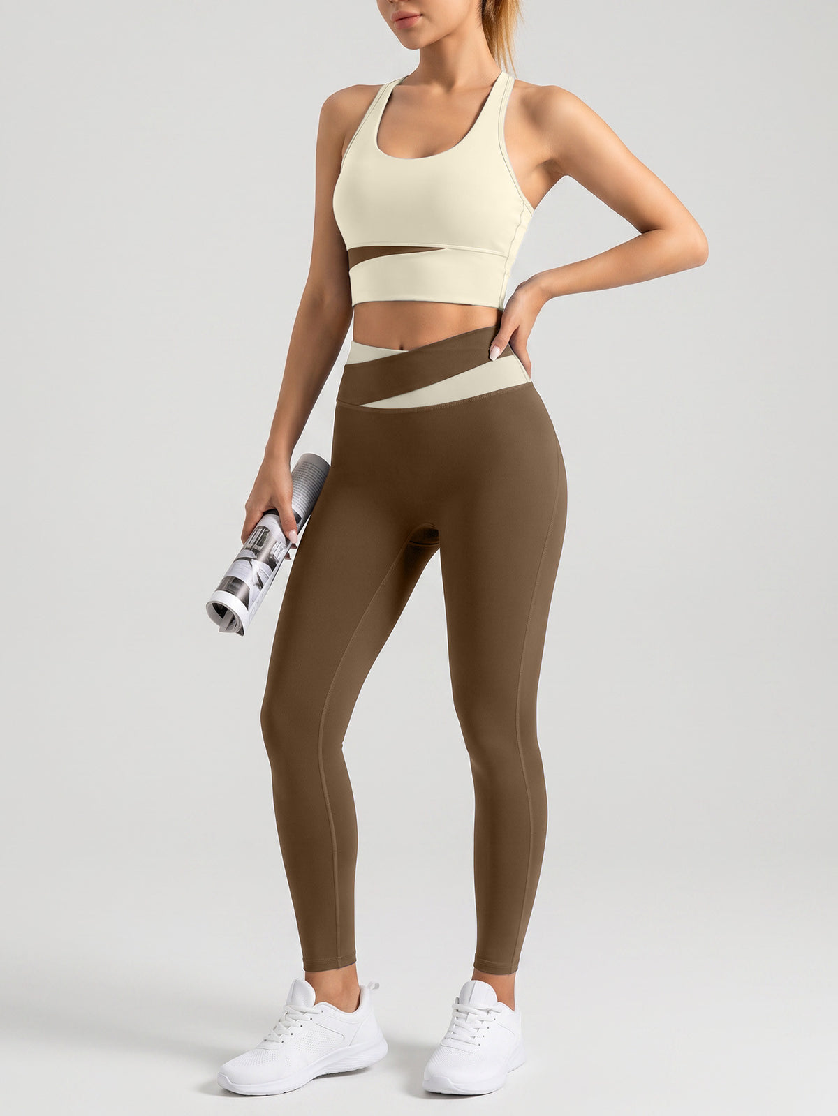 Letter Back Bra & Crossover Waist Leggings Set - Ivory White & Cocoa