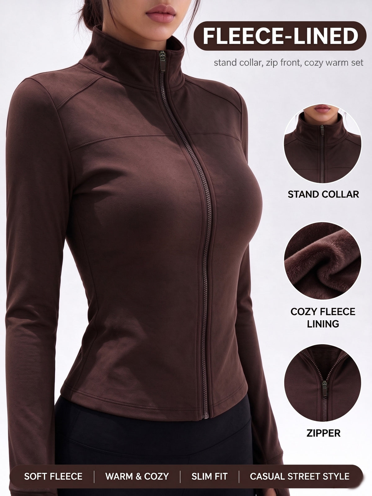 Lined Stand Collar Cropped Zip Jacket - Coffee