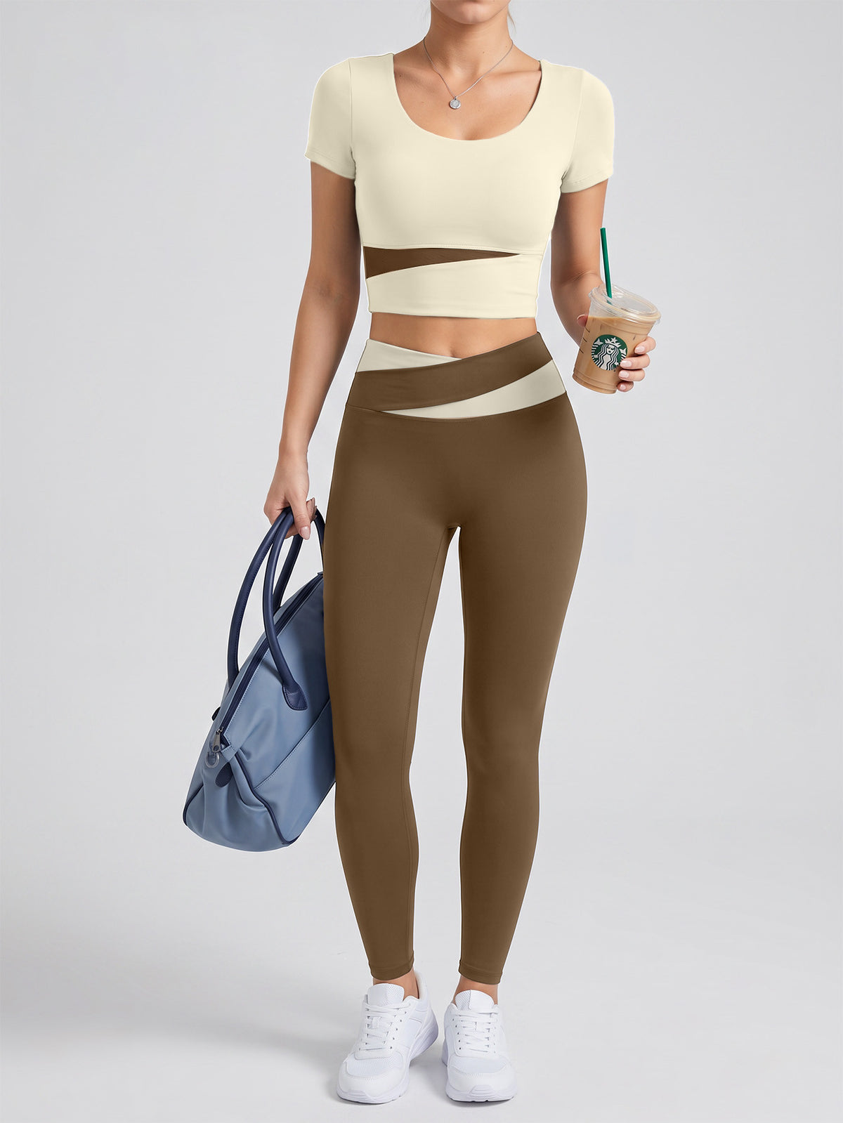 Contrast Tee & High Waist Leggings Set - Ivory White & Cocoa